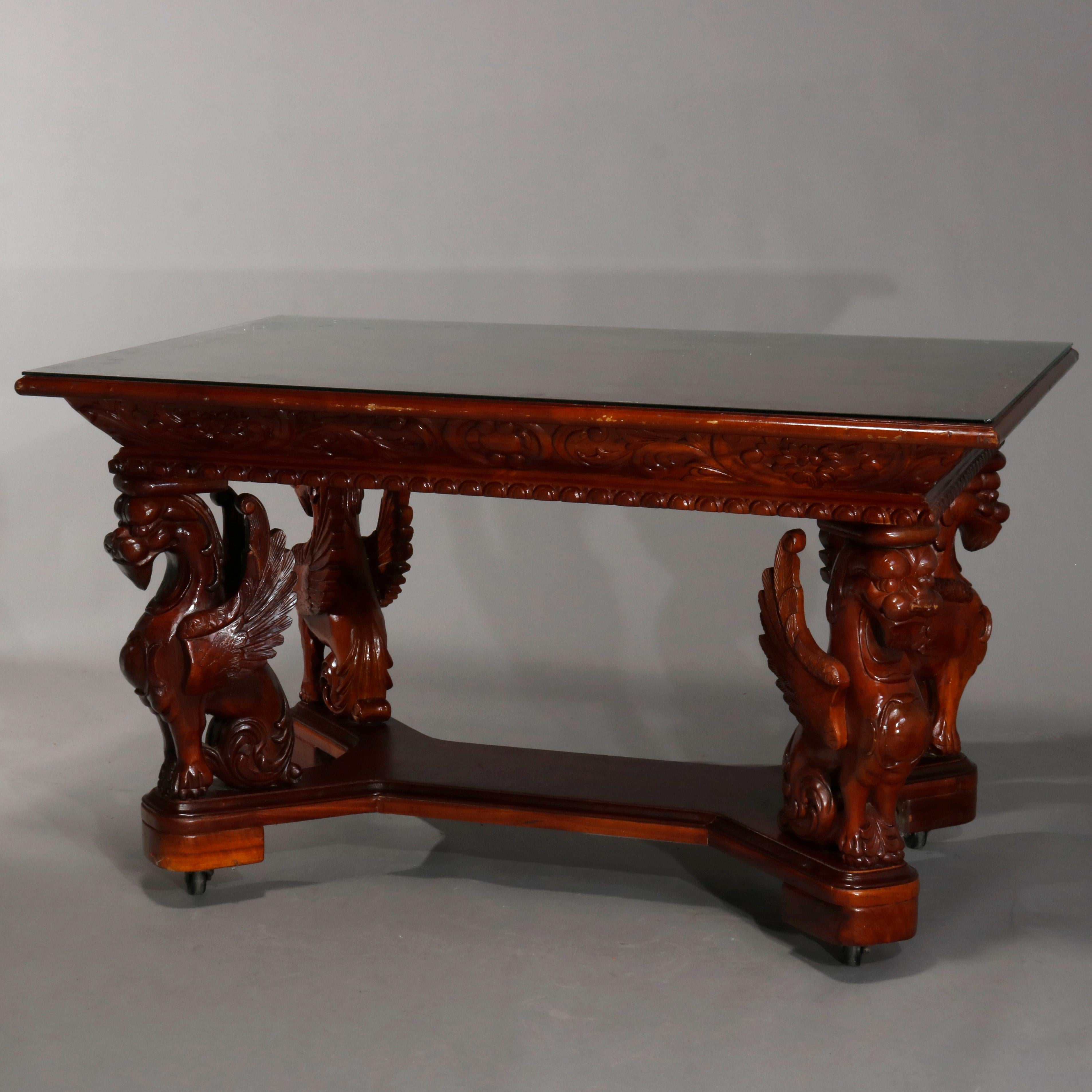 European Antique Gothic Figural Griffin Carved Mahogany Library Table, 20th Century