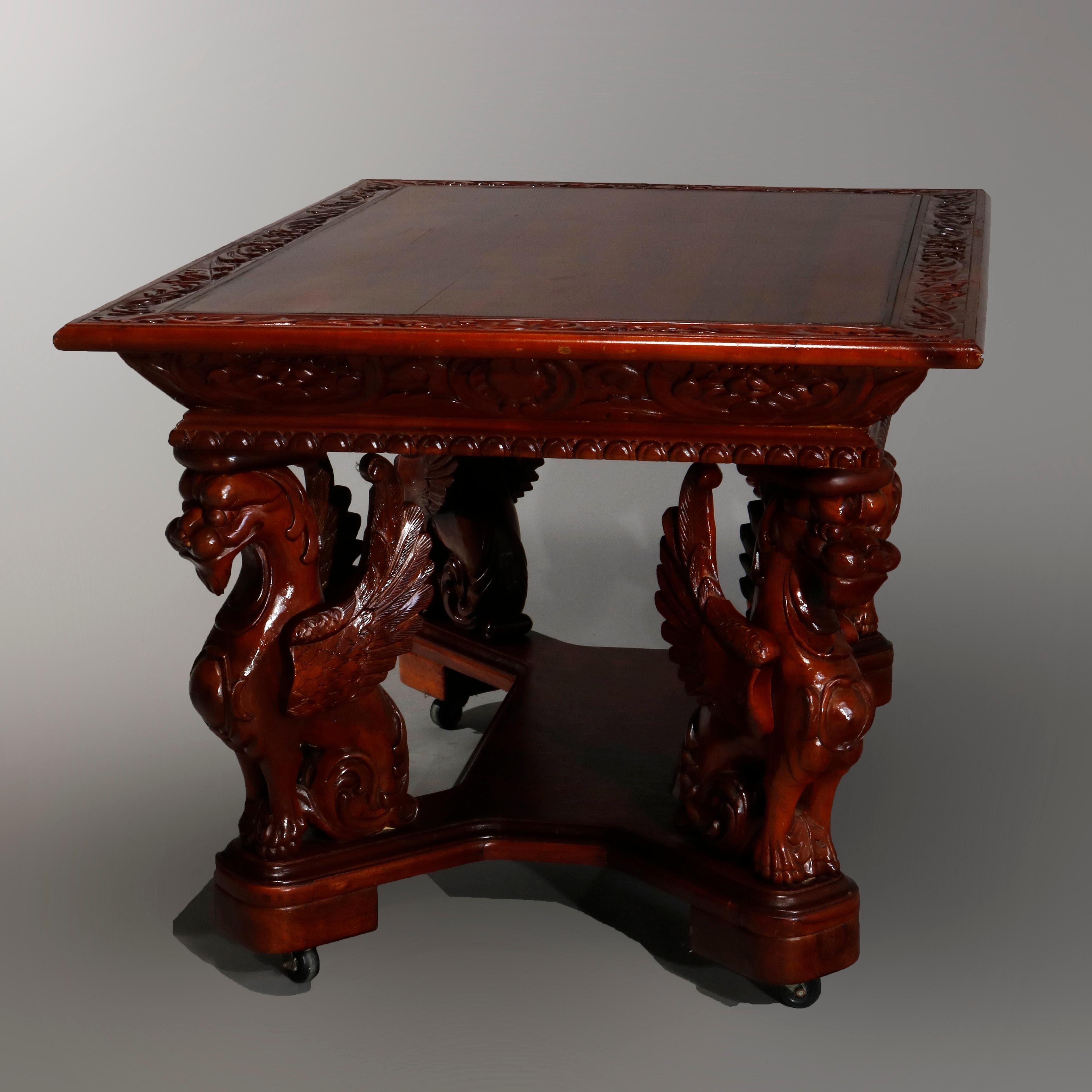 Glass Antique Gothic Figural Griffin Carved Mahogany Library Table, 20th Century
