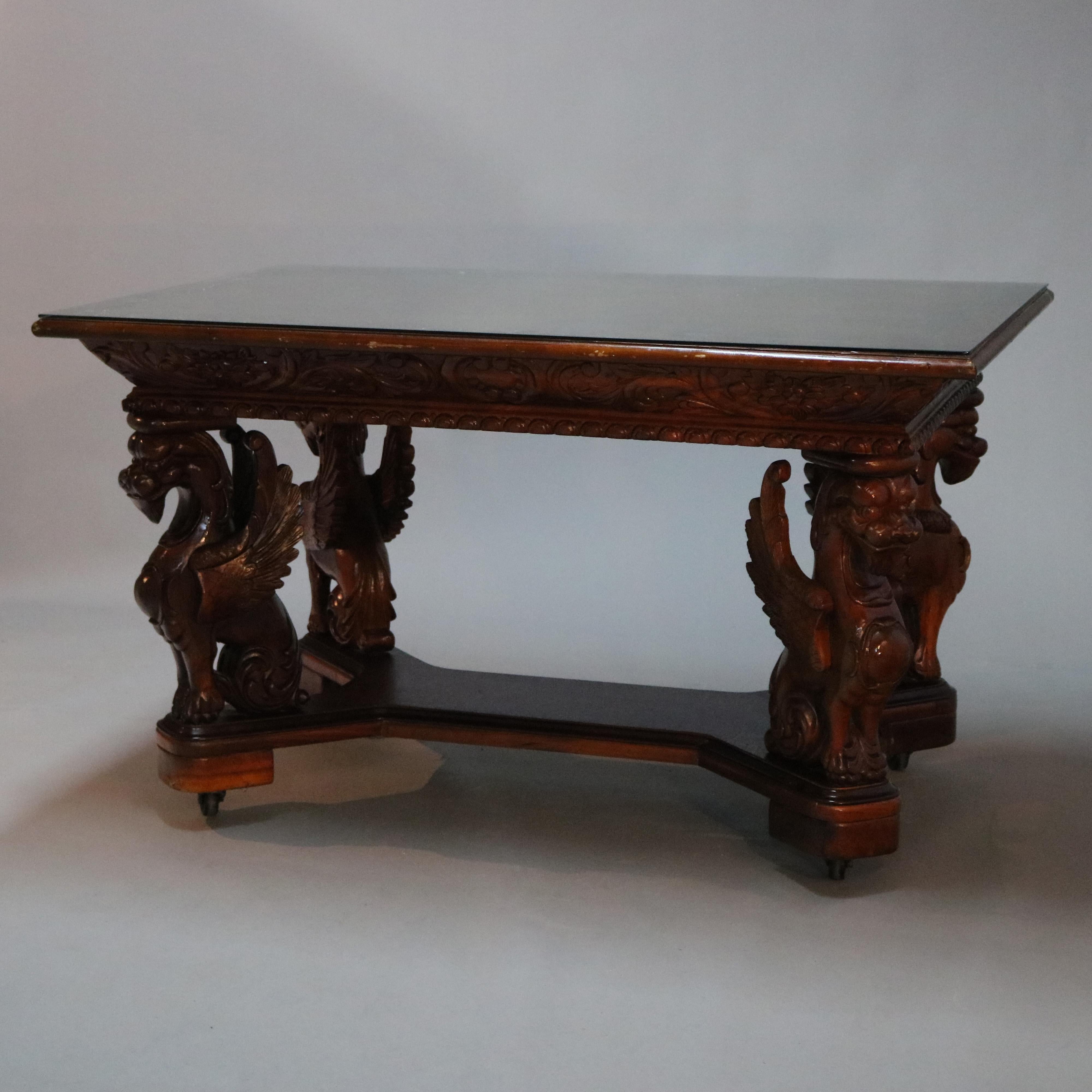 Antique Gothic Figural Griffin Carved Mahogany Library Table, 20th Century 1