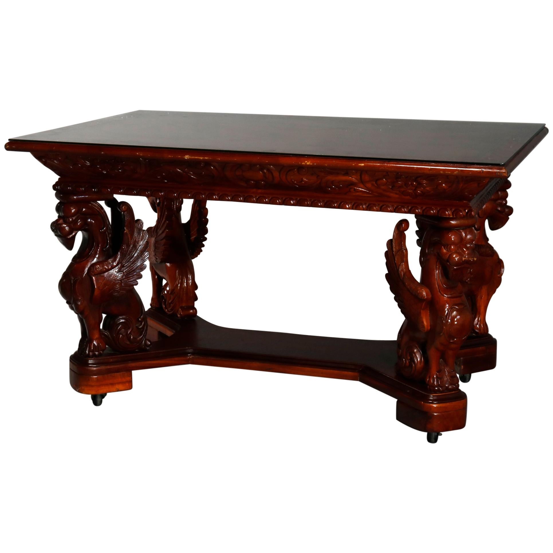 Antique Gothic Figural Griffin Carved Mahogany Library Table, 20th Century