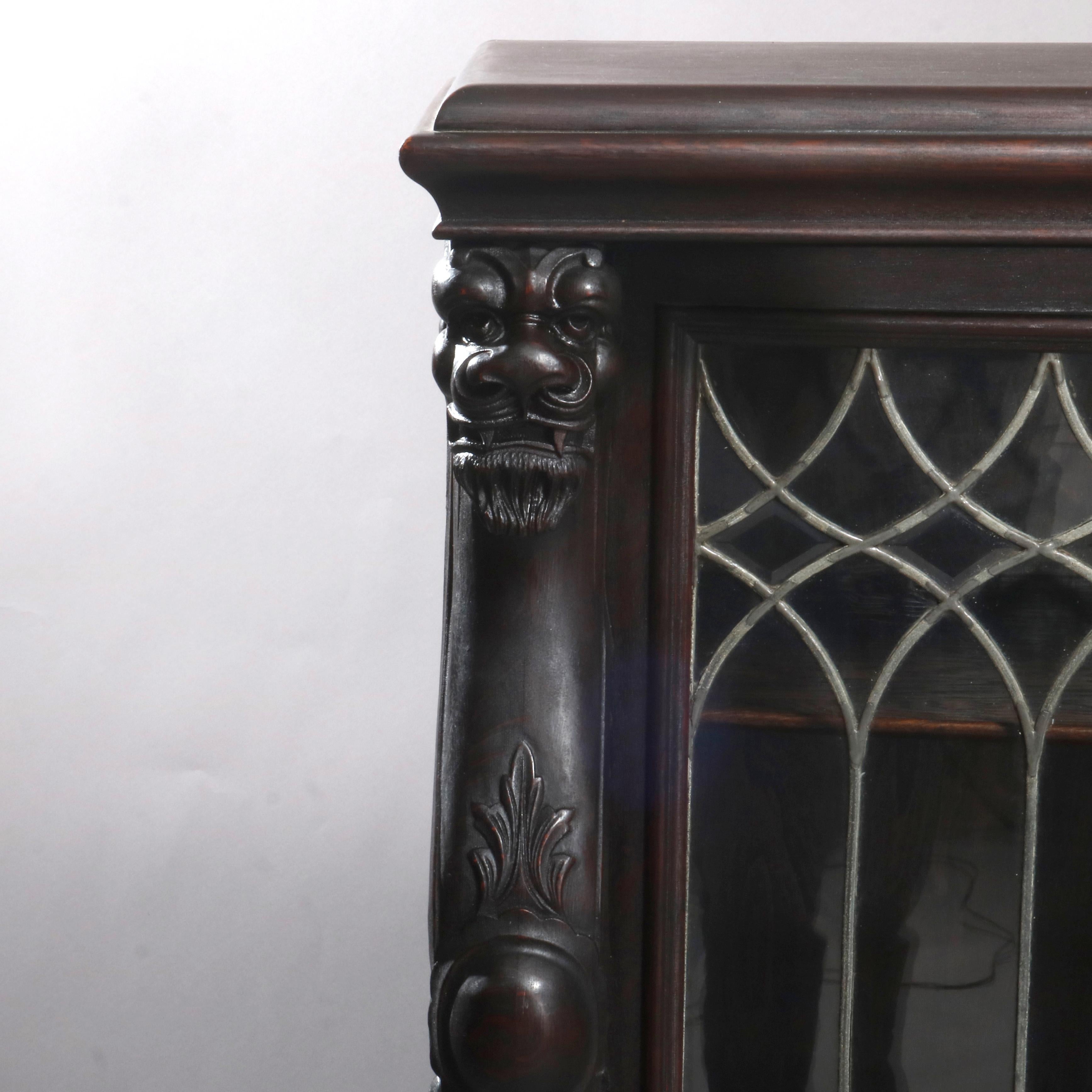 Antique Gothic Figural Oak 3-Door Leaded Glass Bookcase with Griffins circa 1890 6