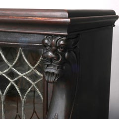 Antique Gothic Figural Oak 3-Door Leaded Glass Bookcase with Griffins circa 1890