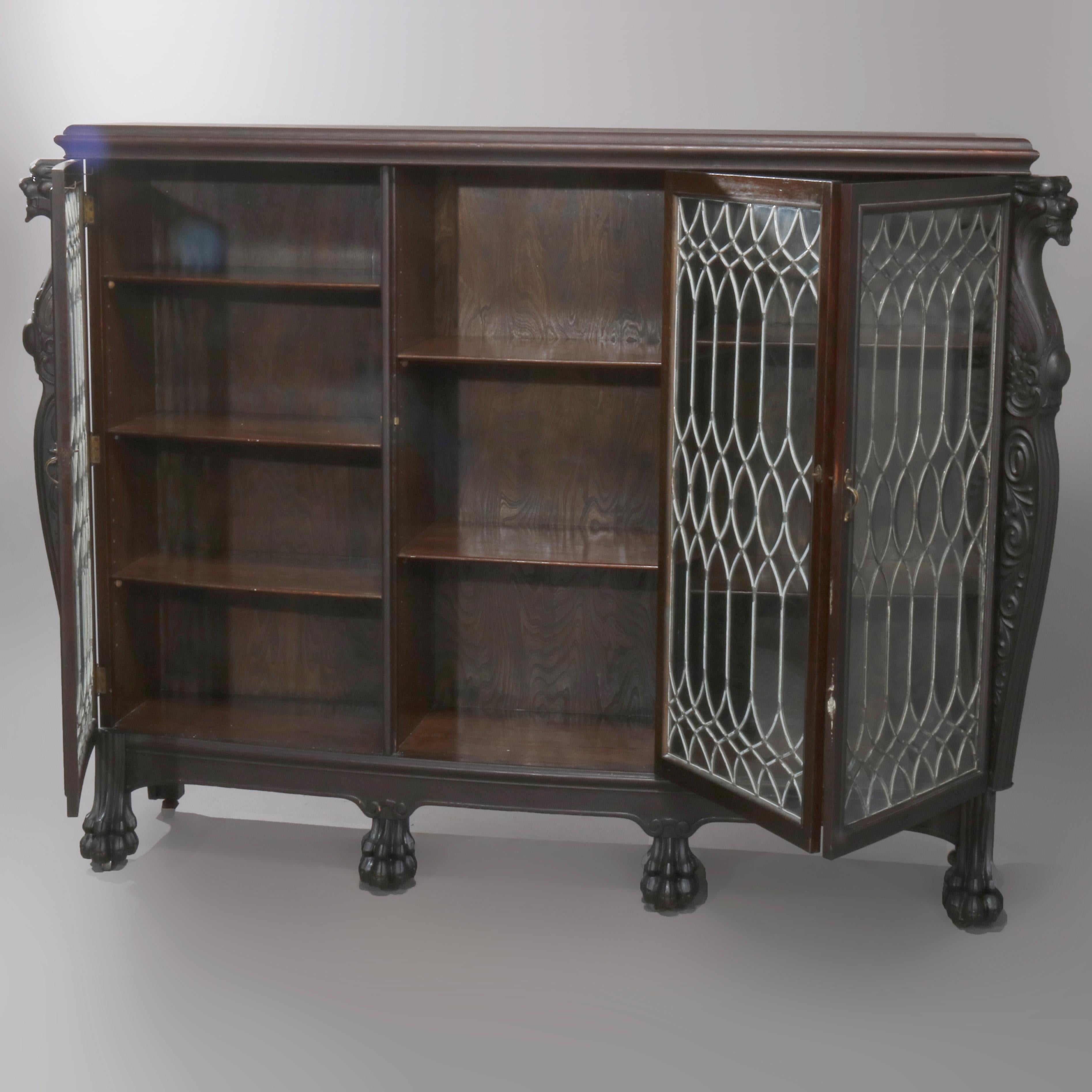 Antique Gothic Figural Oak 3-Door Leaded Glass Bookcase with Griffins circa 1890 1