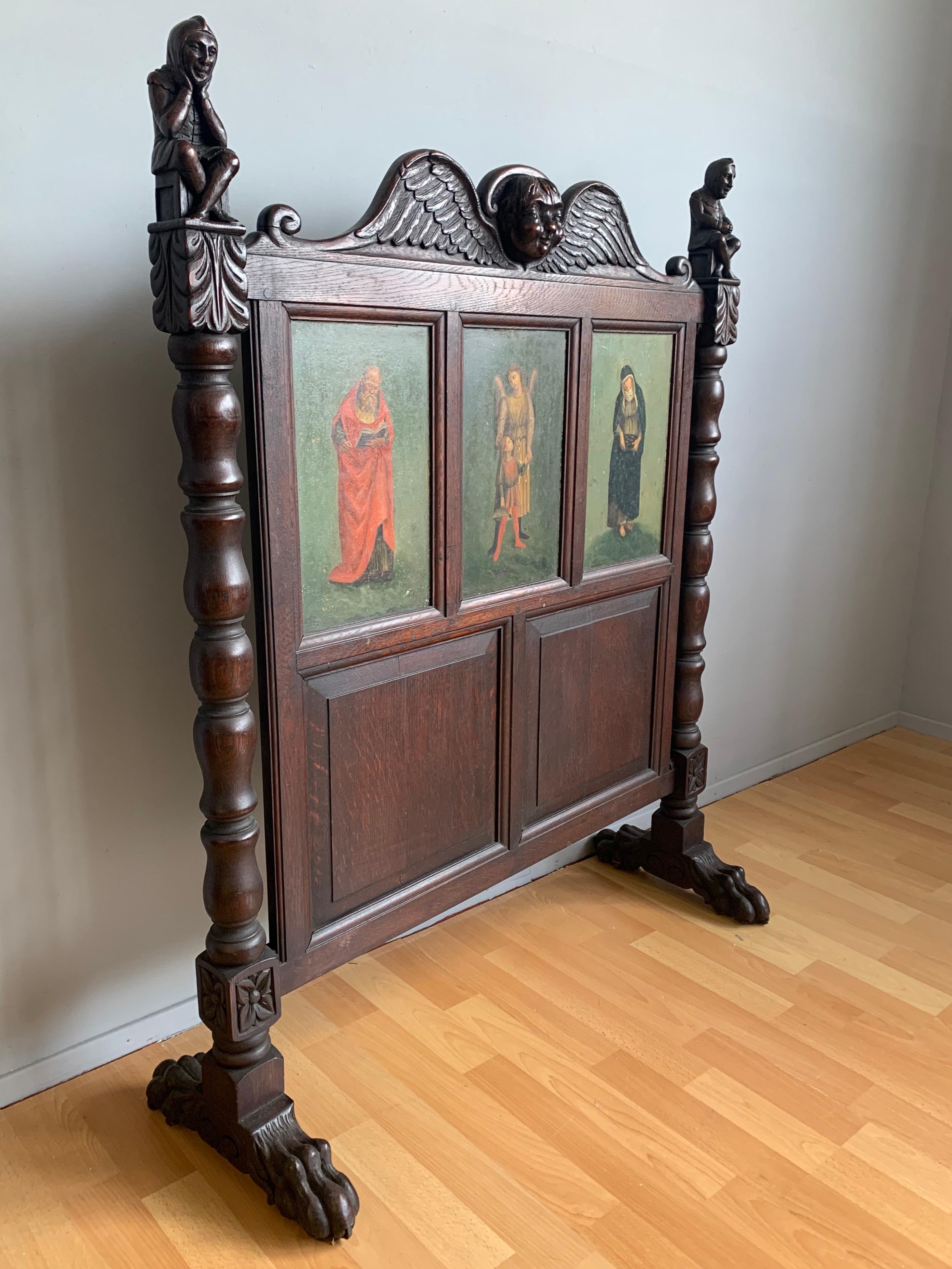 Antique Gothic Fire Screen w. Handpainted Earth Angle, Saints and Carved Knights For Sale 2