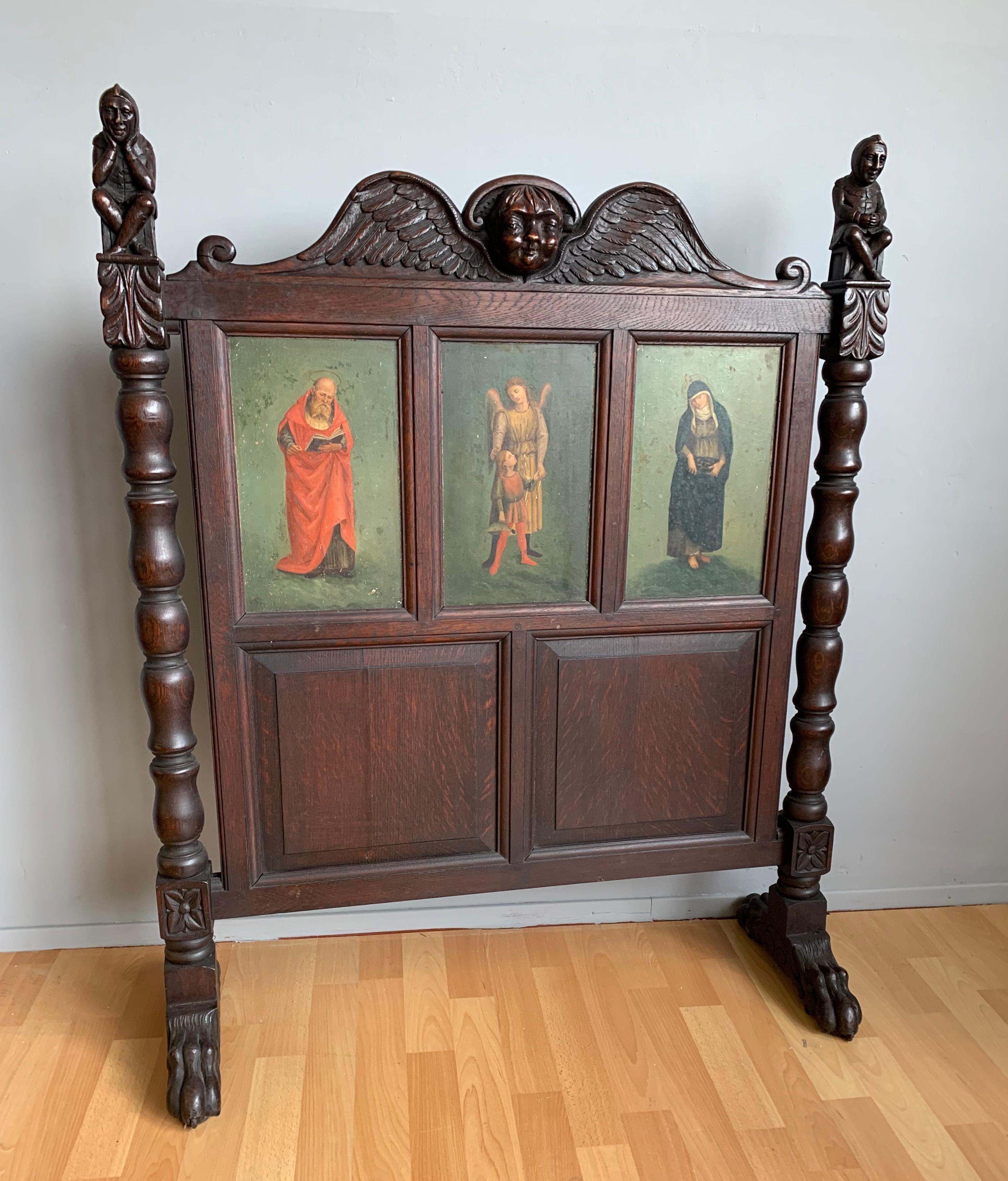Stunning firescreen with a famous earth angle, two famous saint paintings and more.

With meaningful 'religious art' from centuries-past being one of our specialities we were amazed, not only to find this rare and marvelous fire screen, but also