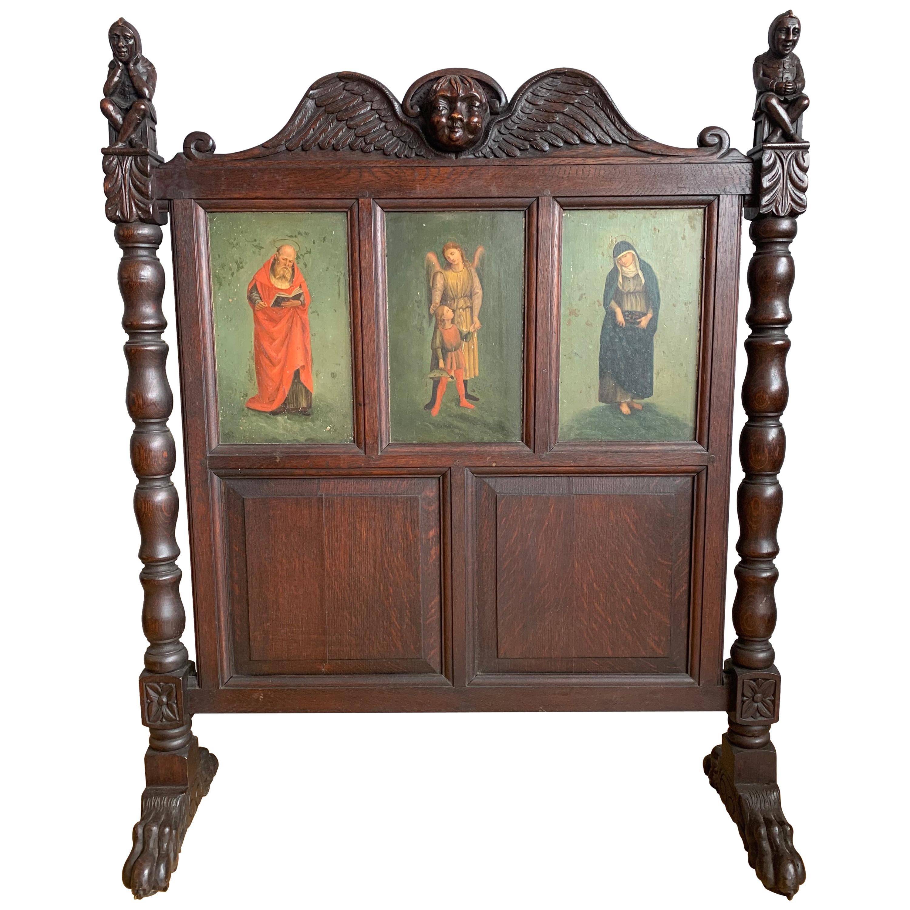 Antique Gothic Fire Screen w. Handpainted Earth Angle, Saints and Carved Knights For Sale