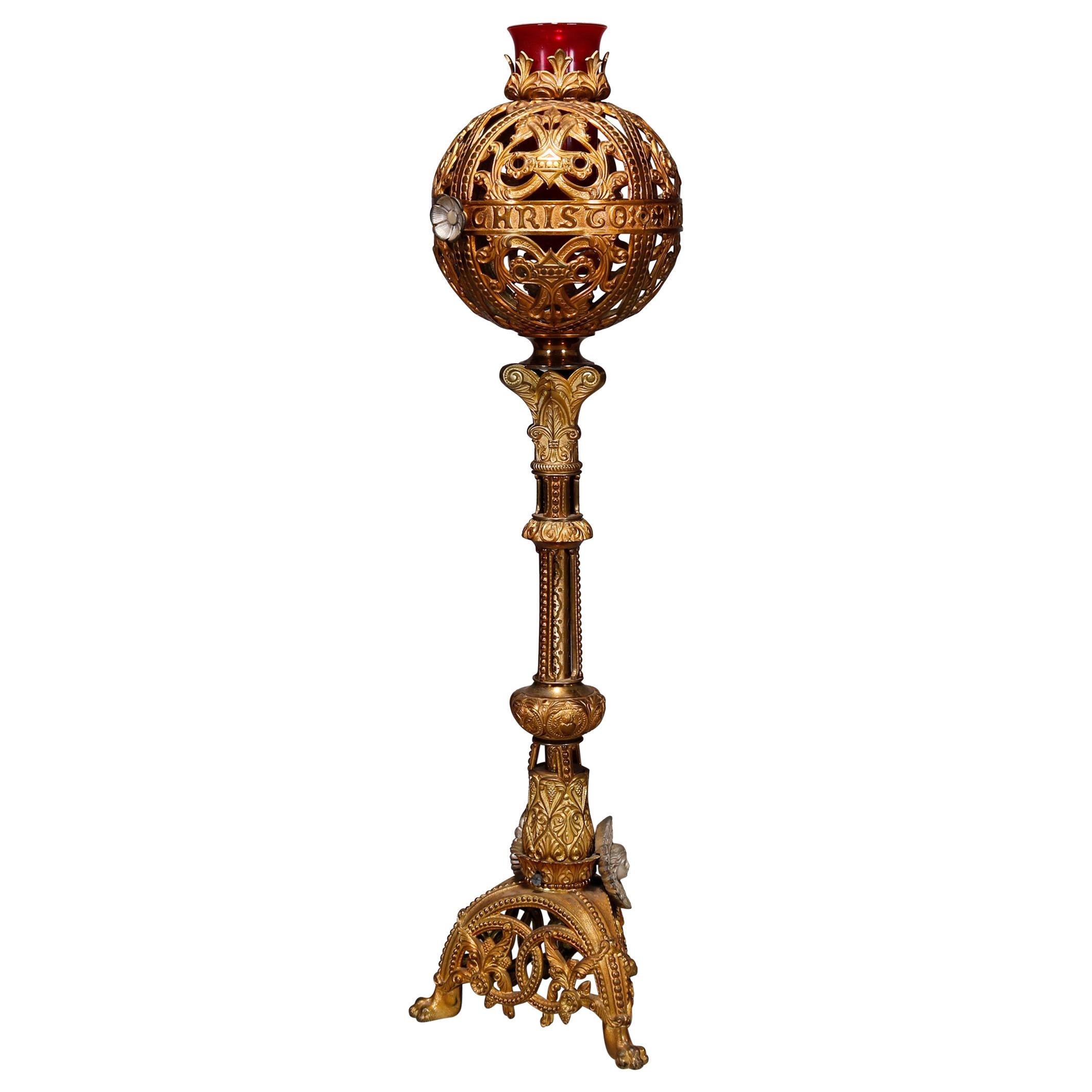 Antique Gothic Gilt Bronze and Glass Figural Monstrance Candelabra, 19th Century