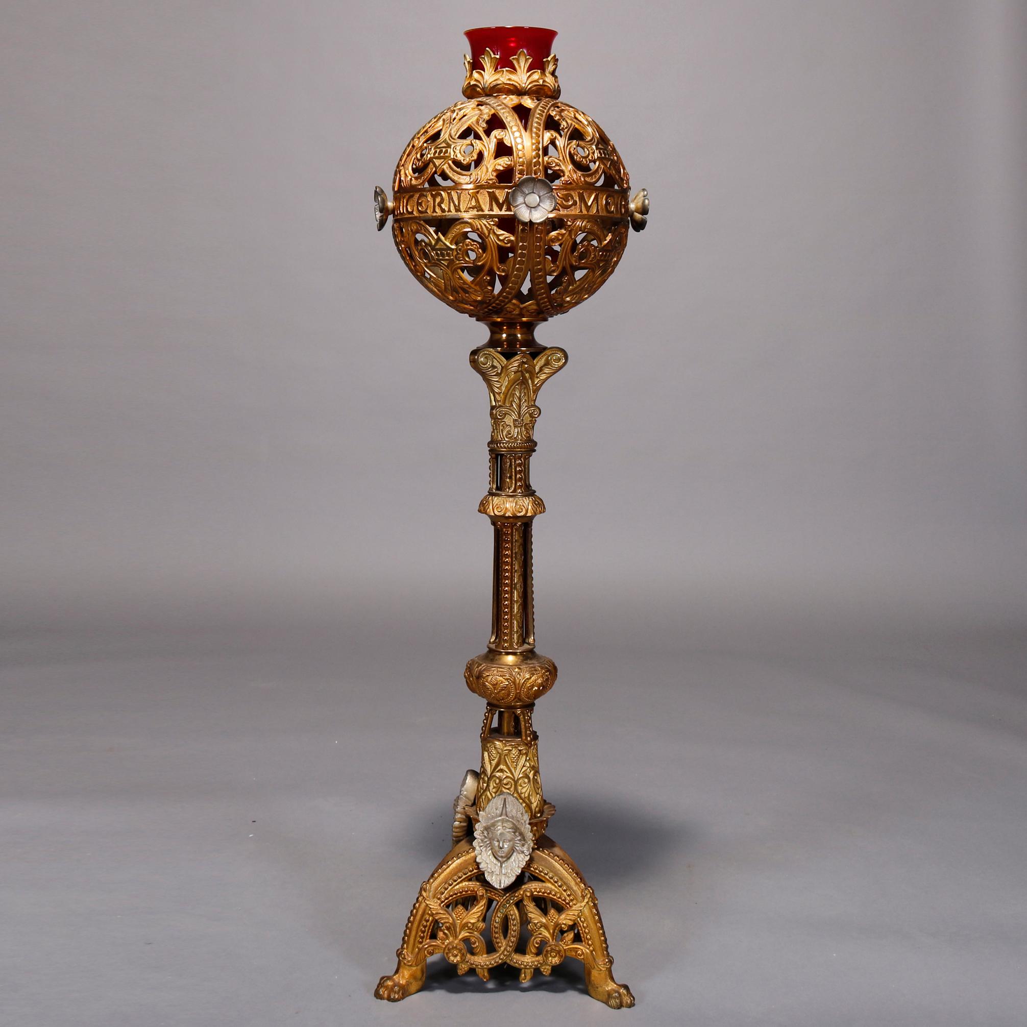 Italian Antique Gothic Gilt Bronze and Glass Figural Monstrance Candelabra, 19th Century