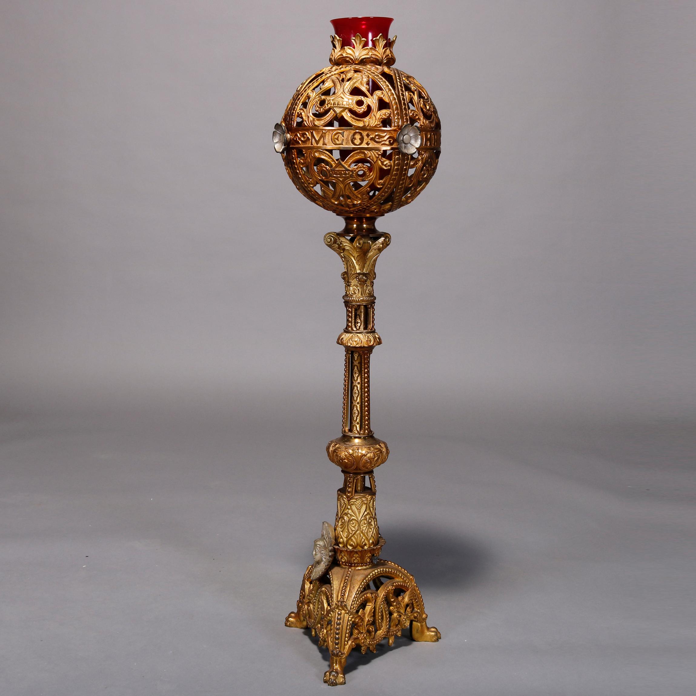 Cast Antique Gothic Gilt Bronze and Glass Figural Monstrance Candelabra, 19th Century