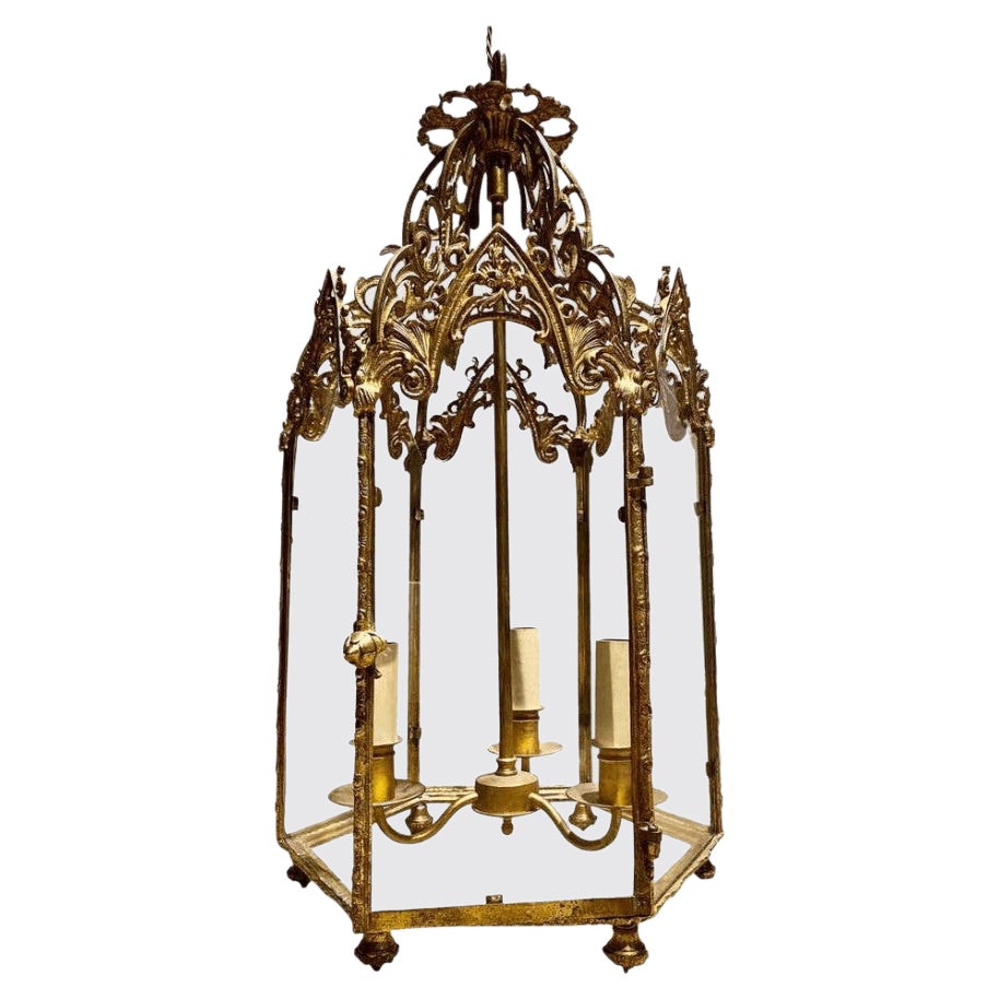Antique Gothic Gilt Bronze Hall Lantern