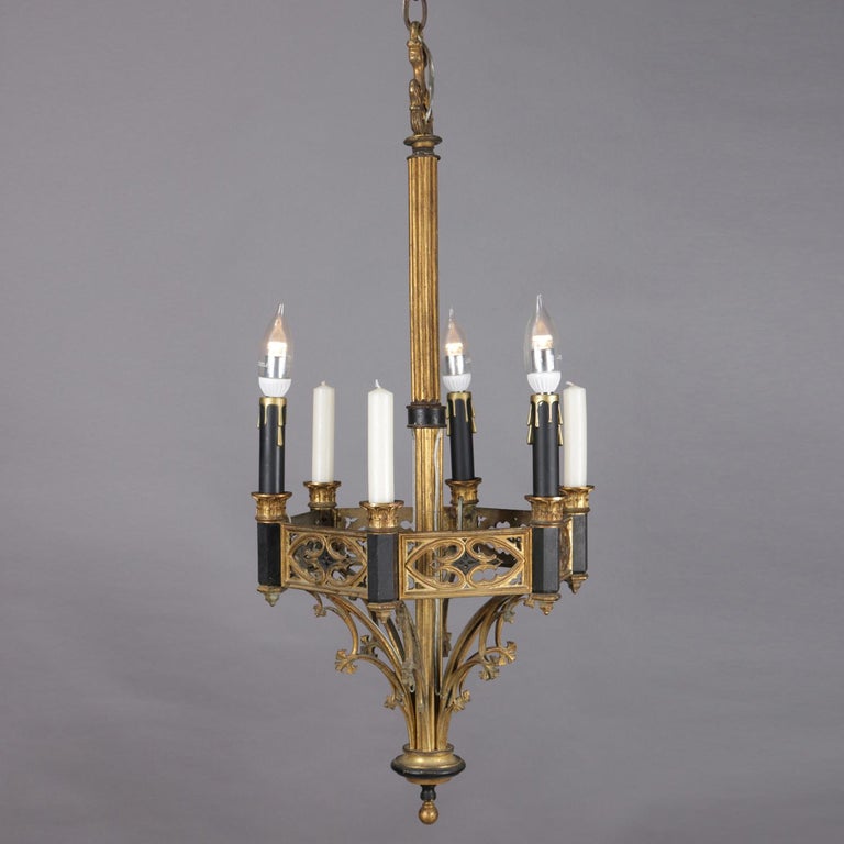 Antique Gothic Gilt Metal and Ebonized Combination Electric and Candle