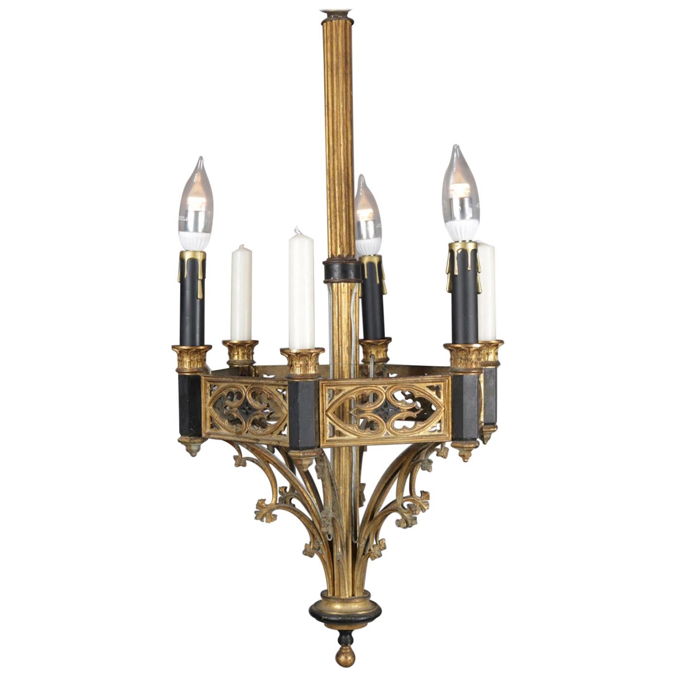 Antique Gothic Gilt Metal and Ebonized Combination Electric & Candle Chandelier
