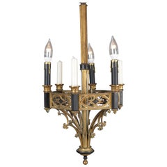 Antique Gothic Gilt Metal and Ebonized Combination Electric & Candle Chandelier