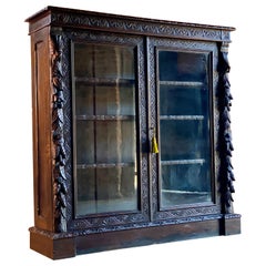 Antique Gothic Green Man Oak Bookcase Victorian Glazed circa 1870 3