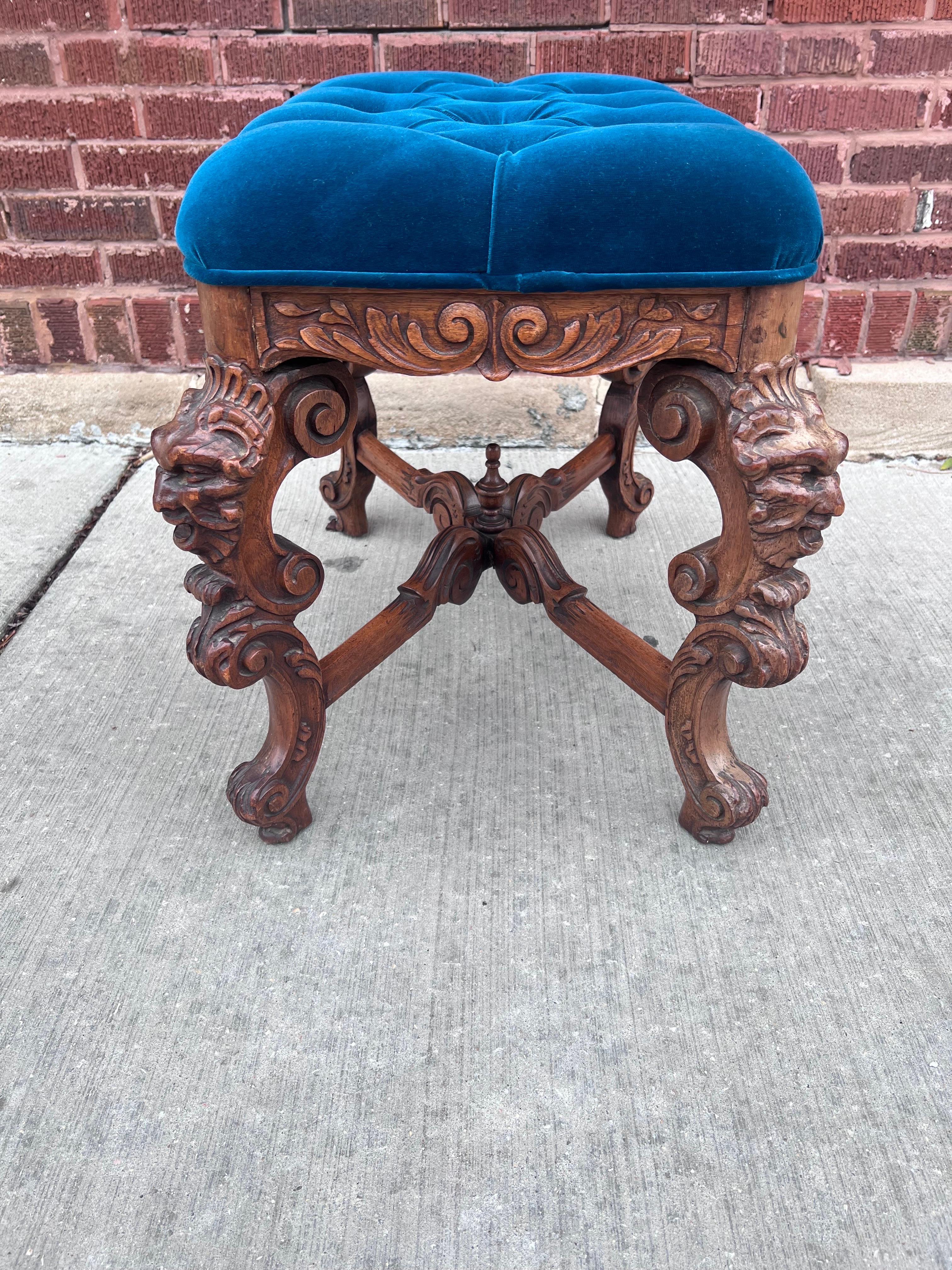 Hand-Crafted Antique Gothic Griffin Carved Ottoman Newly Upholstered in Blue Velvet