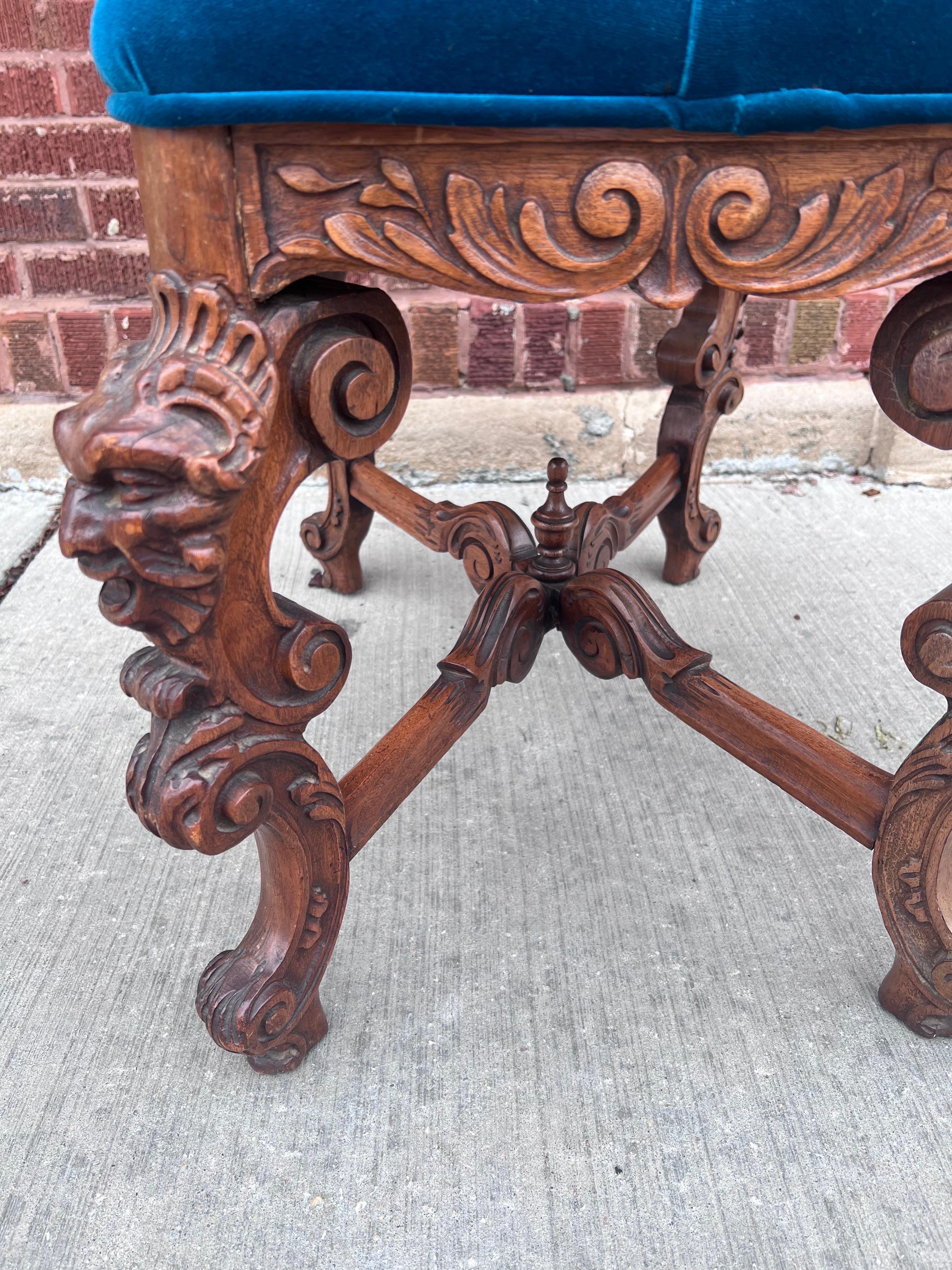 Antique Gothic Griffin Carved Ottoman Newly Upholstered in Blue Velvet In Good Condition In Chicago, IL