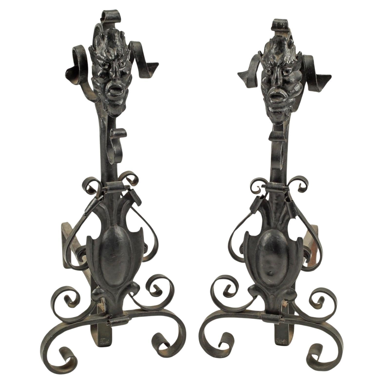 Antique Gothic Grotesque Mask Scrolling Wrought Iron Andirons  For Sale