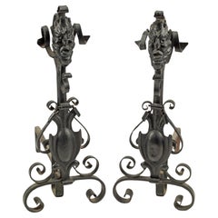 Used Gothic Grotesque Mask Scrolling Wrought Iron Andirons 