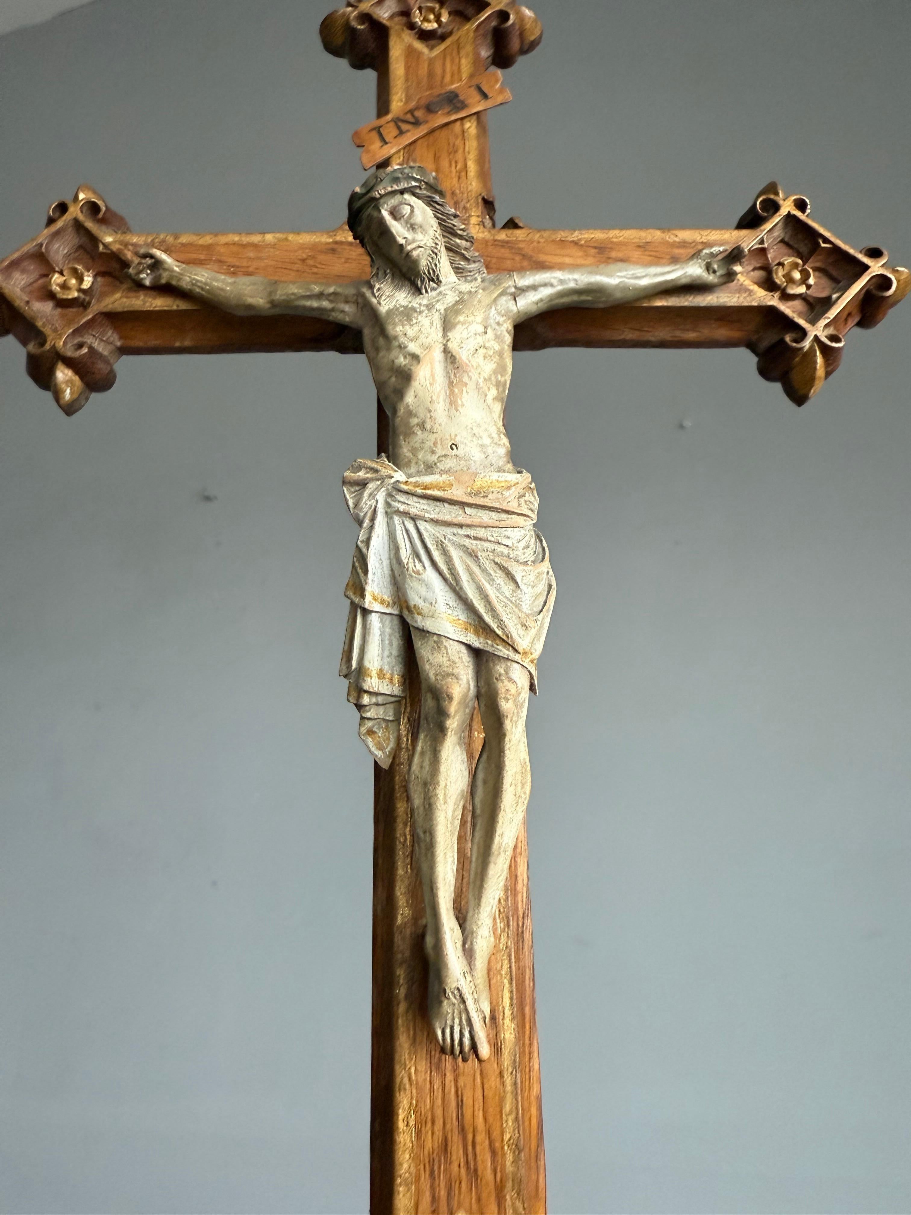 Antique Gothic Hand-Carved Crucifix w. Polychrome Corpus, European Church Relic For Sale 3