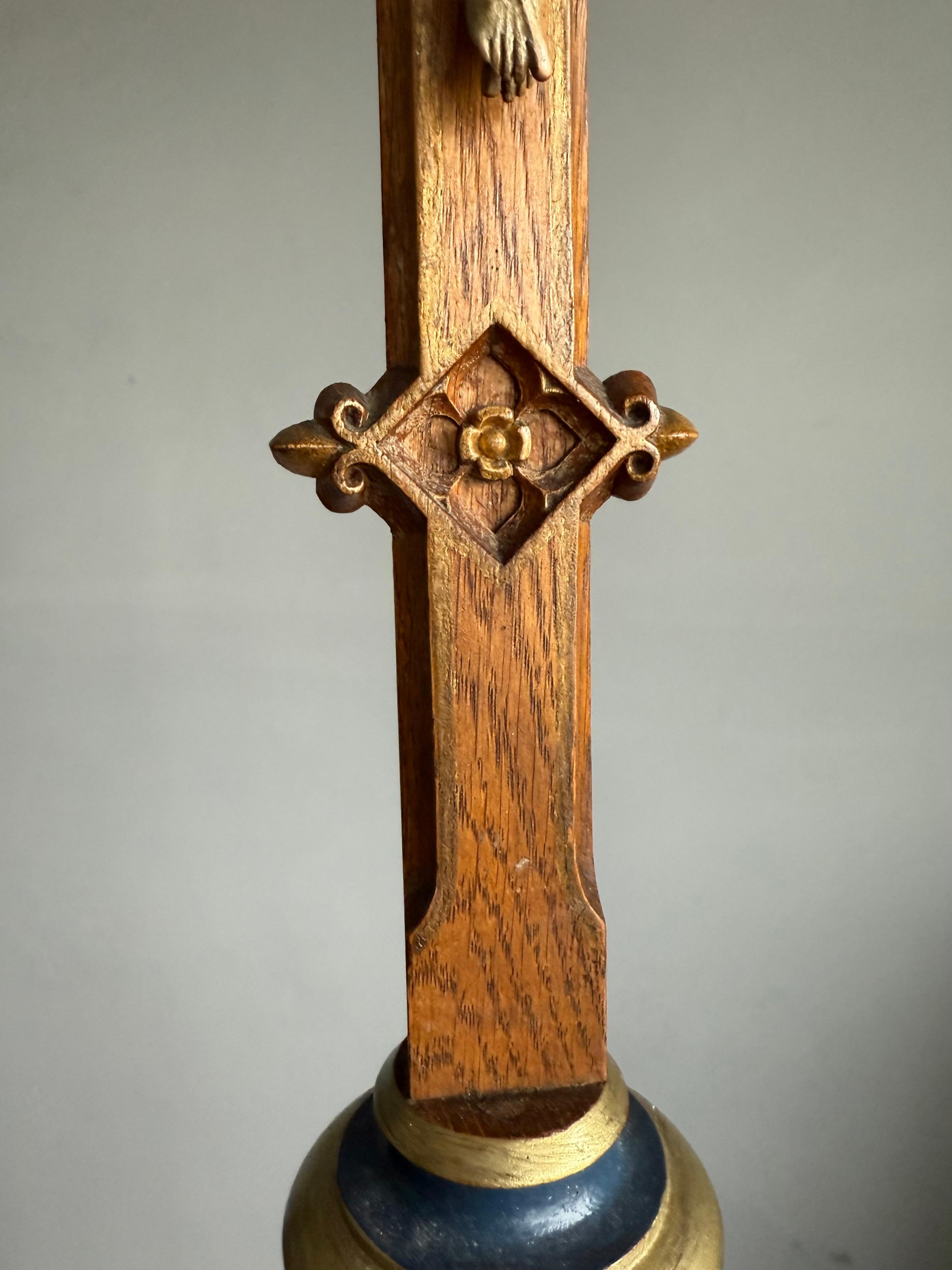 Antique Gothic Hand-Carved Crucifix w. Polychrome Corpus, European Church Relic For Sale 4