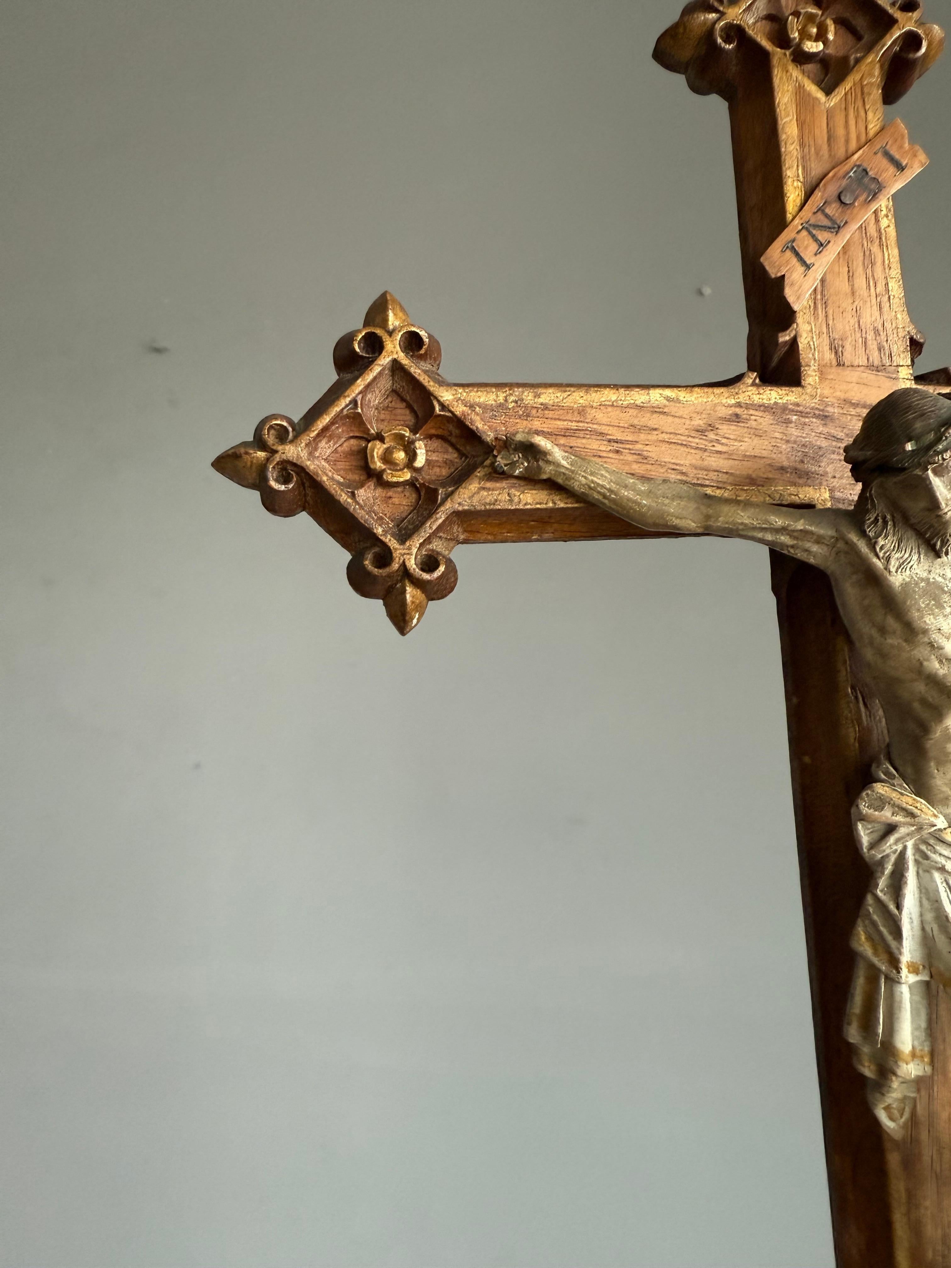 Antique Gothic Hand-Carved Crucifix w. Polychrome Corpus, European Church Relic For Sale 7