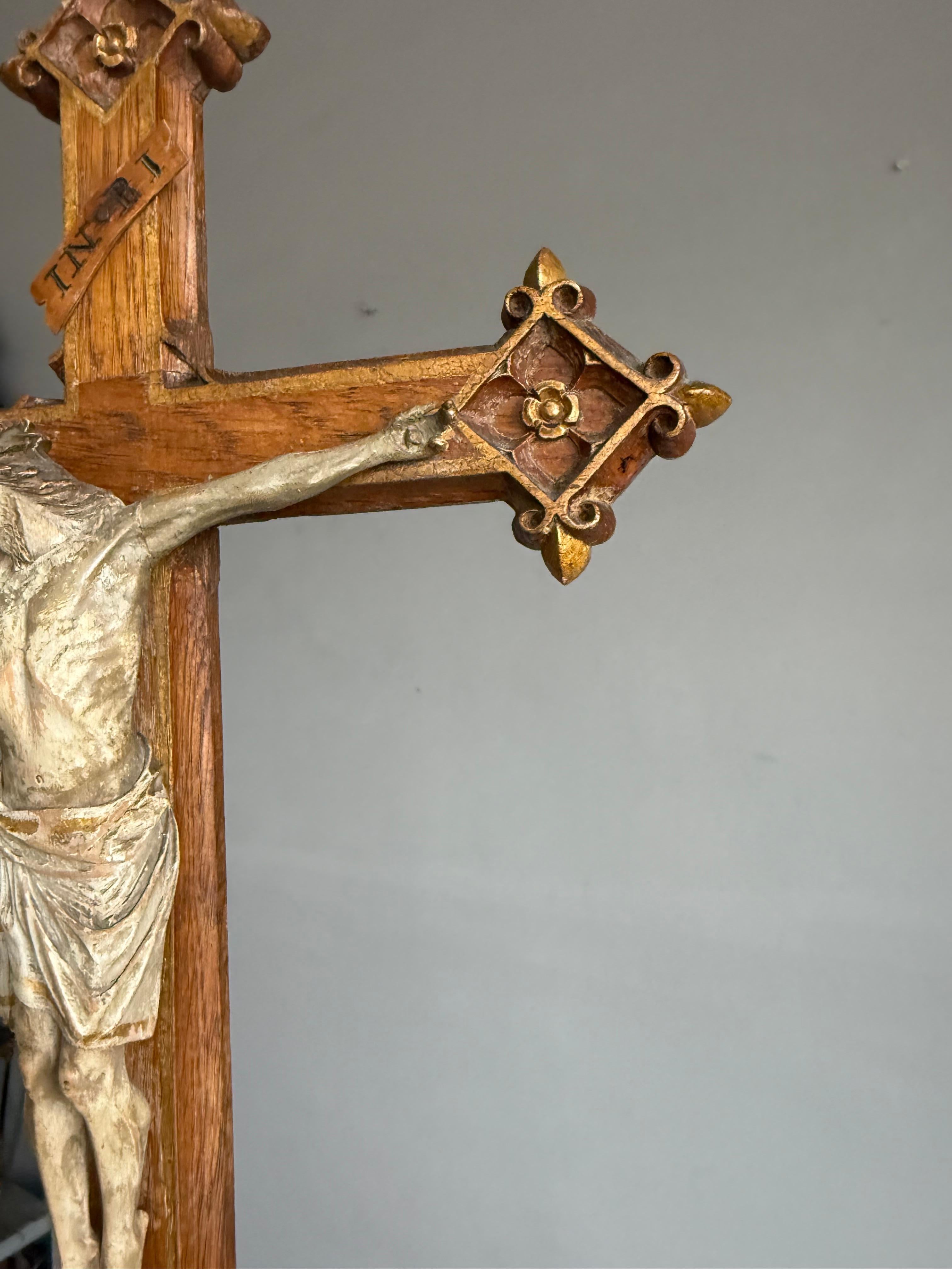 Antique Gothic Hand-Carved Crucifix w. Polychrome Corpus, European Church Relic For Sale 8
