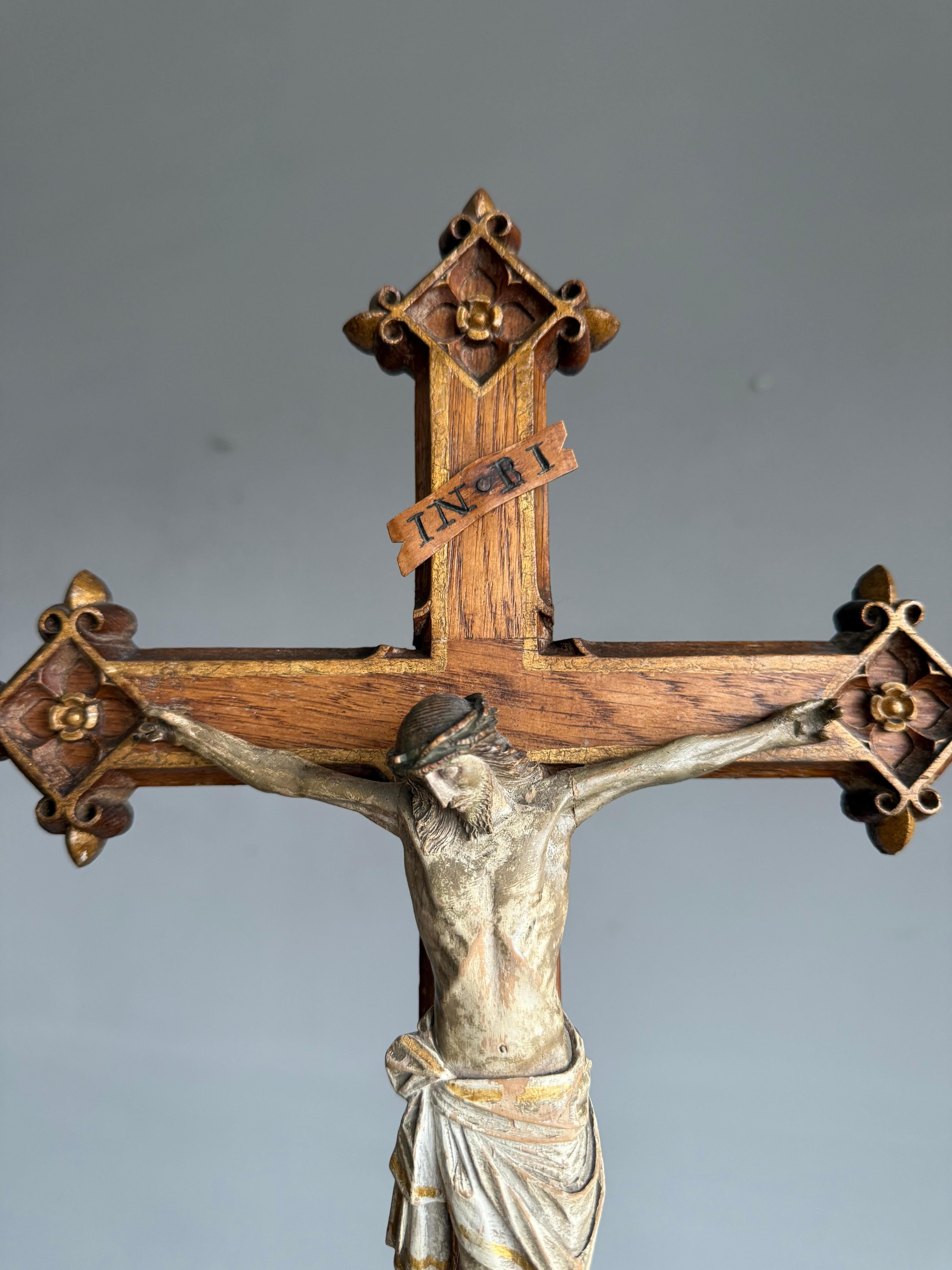 Antique Gothic Hand-Carved Crucifix w. Polychrome Corpus, European Church Relic For Sale 9
