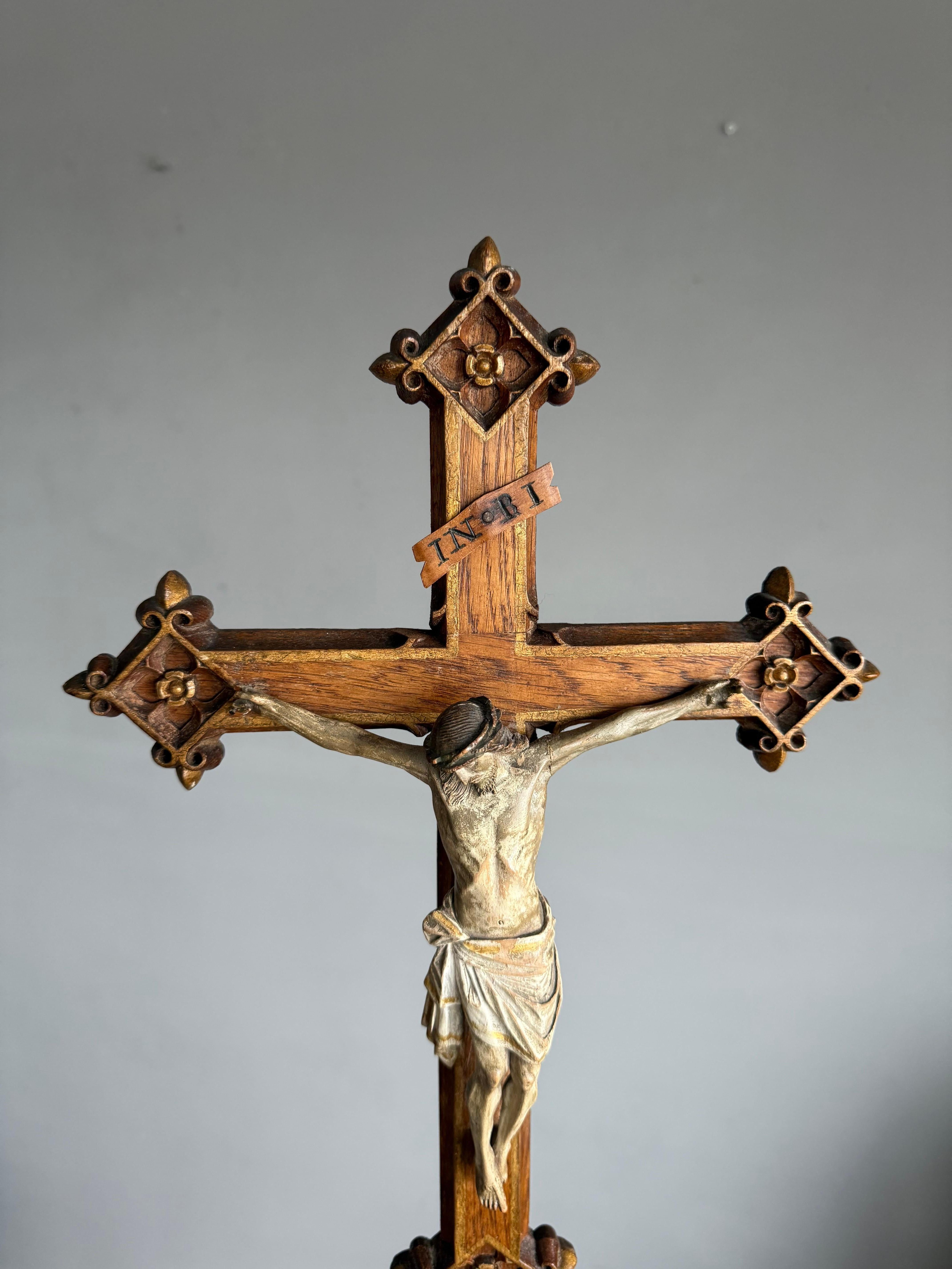 Antique Gothic Hand-Carved Crucifix w. Polychrome Corpus, European Church Relic For Sale 10