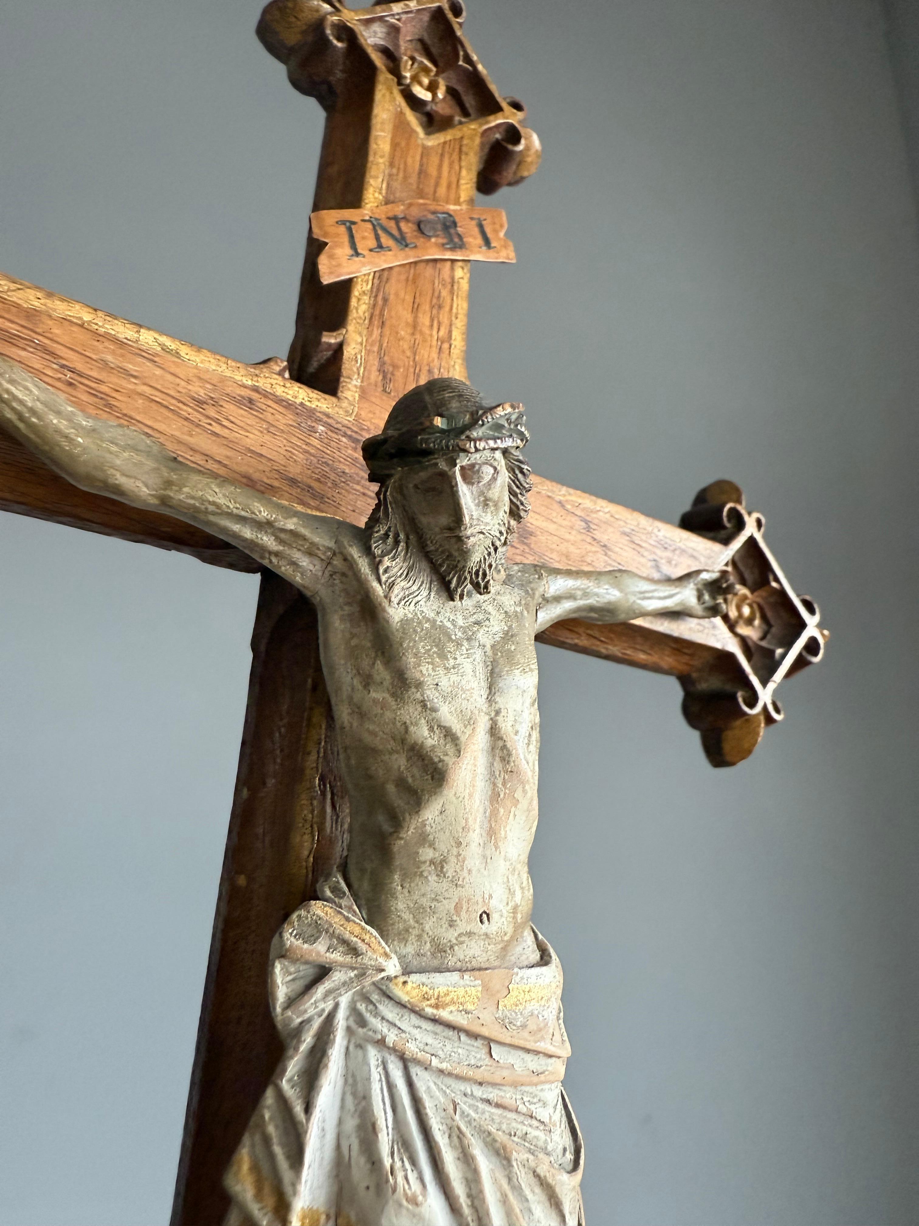 Antique Gothic Hand-Carved Crucifix w. Polychrome Corpus, European Church Relic For Sale 11