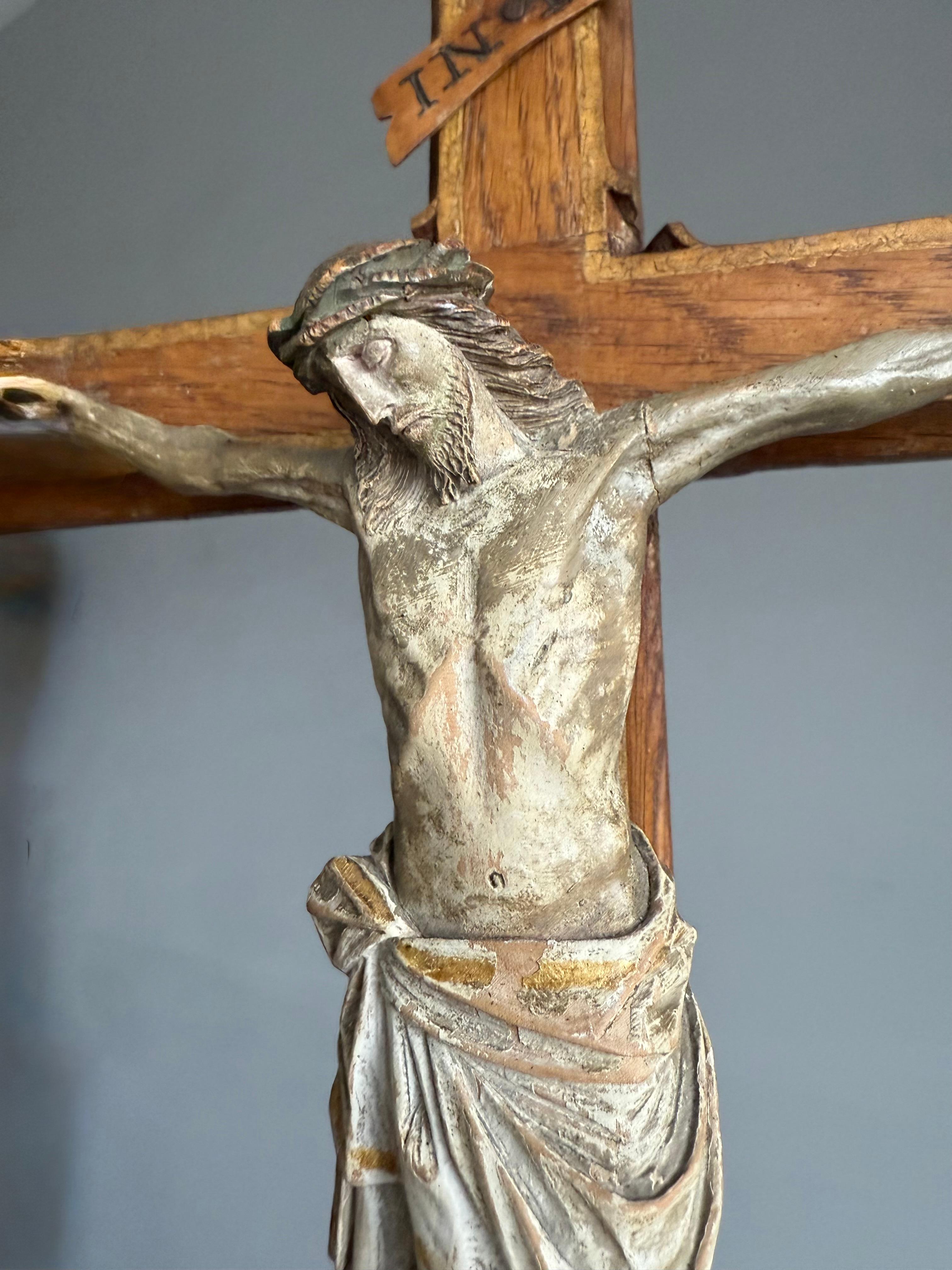 Antique Gothic Hand-Carved Crucifix w. Polychrome Corpus, European Church Relic For Sale 12