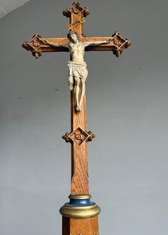 Antique Gothic Hand-Carved Crucifix w. Polychrome Corpus, European Church Relic