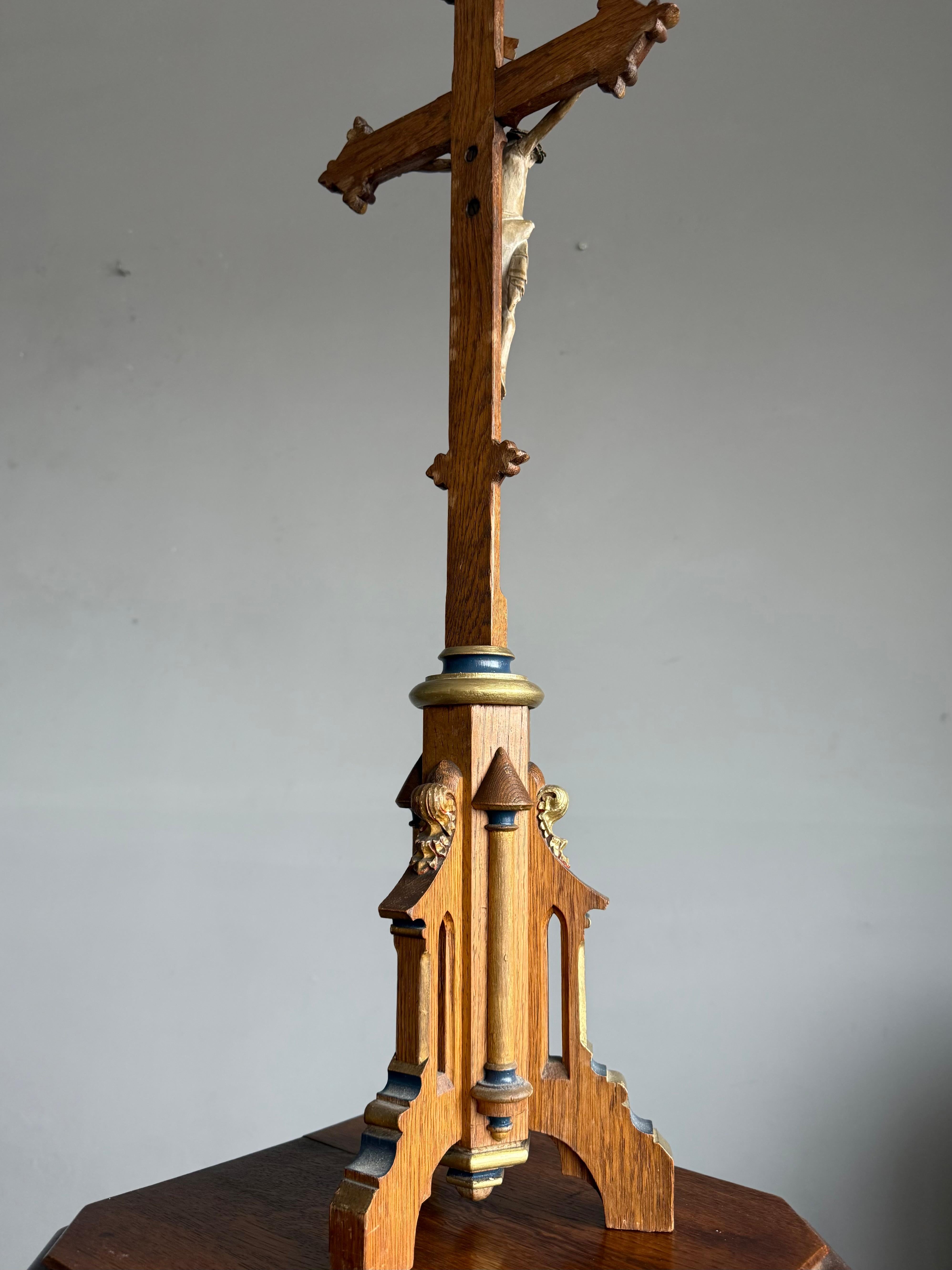 Antique Gothic Hand-Carved Crucifix w. Polychrome Corpus, European Church Relic For Sale 13
