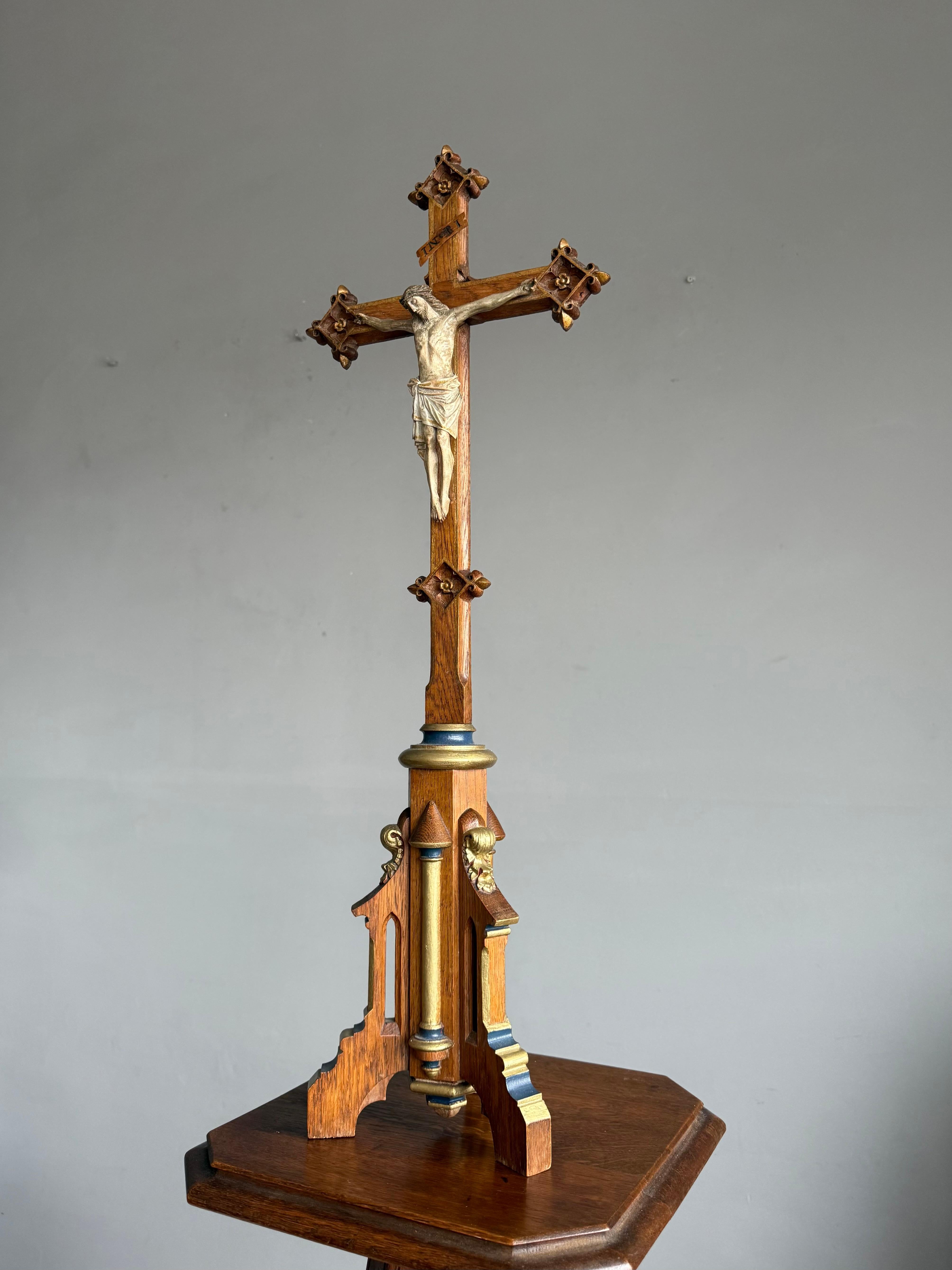 Arts and Crafts Antique Gothic Hand-Carved Crucifix w. Polychrome Corpus, European Church Relic For Sale