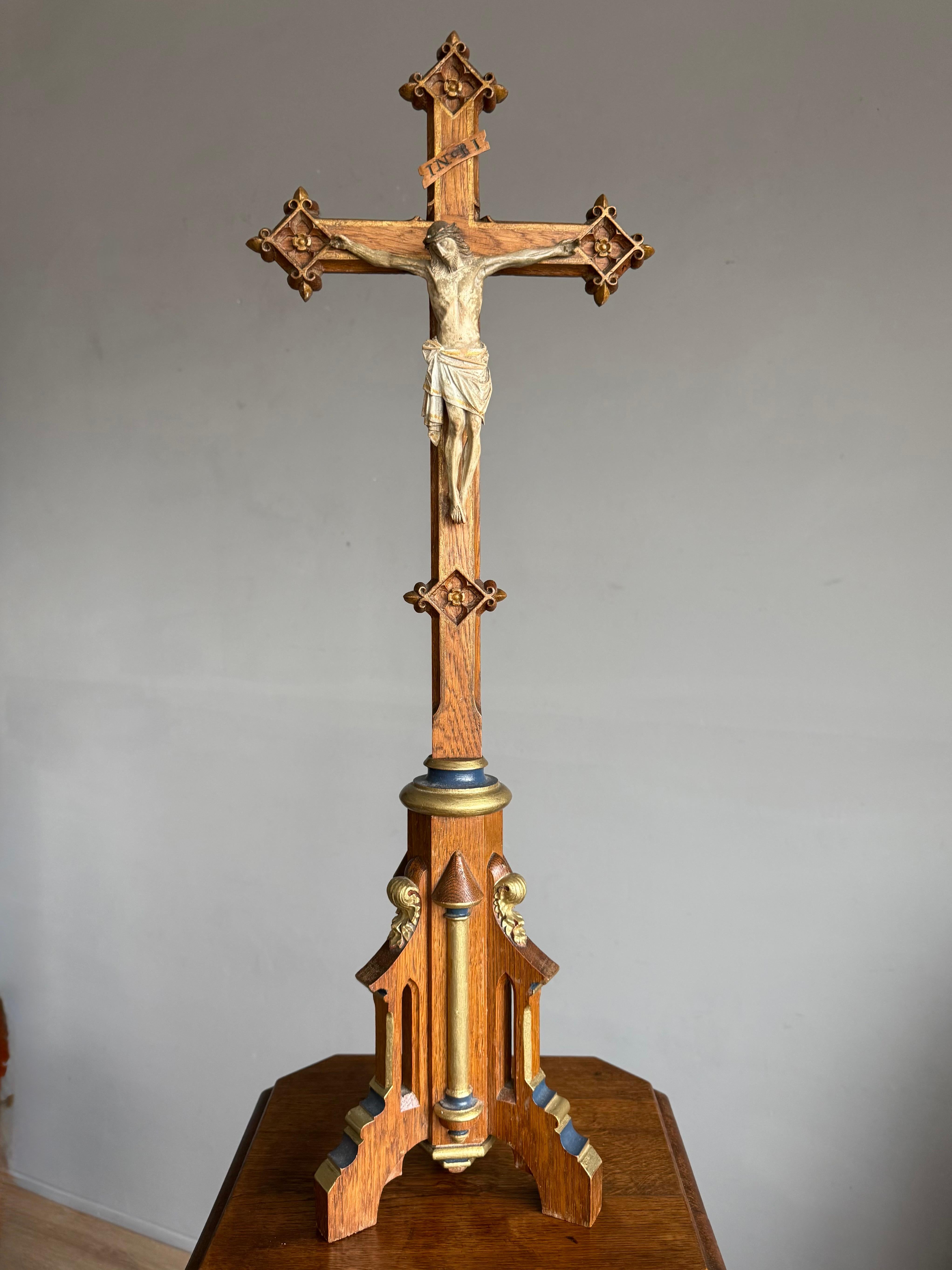French Antique Gothic Hand-Carved Crucifix w. Polychrome Corpus, European Church Relic For Sale