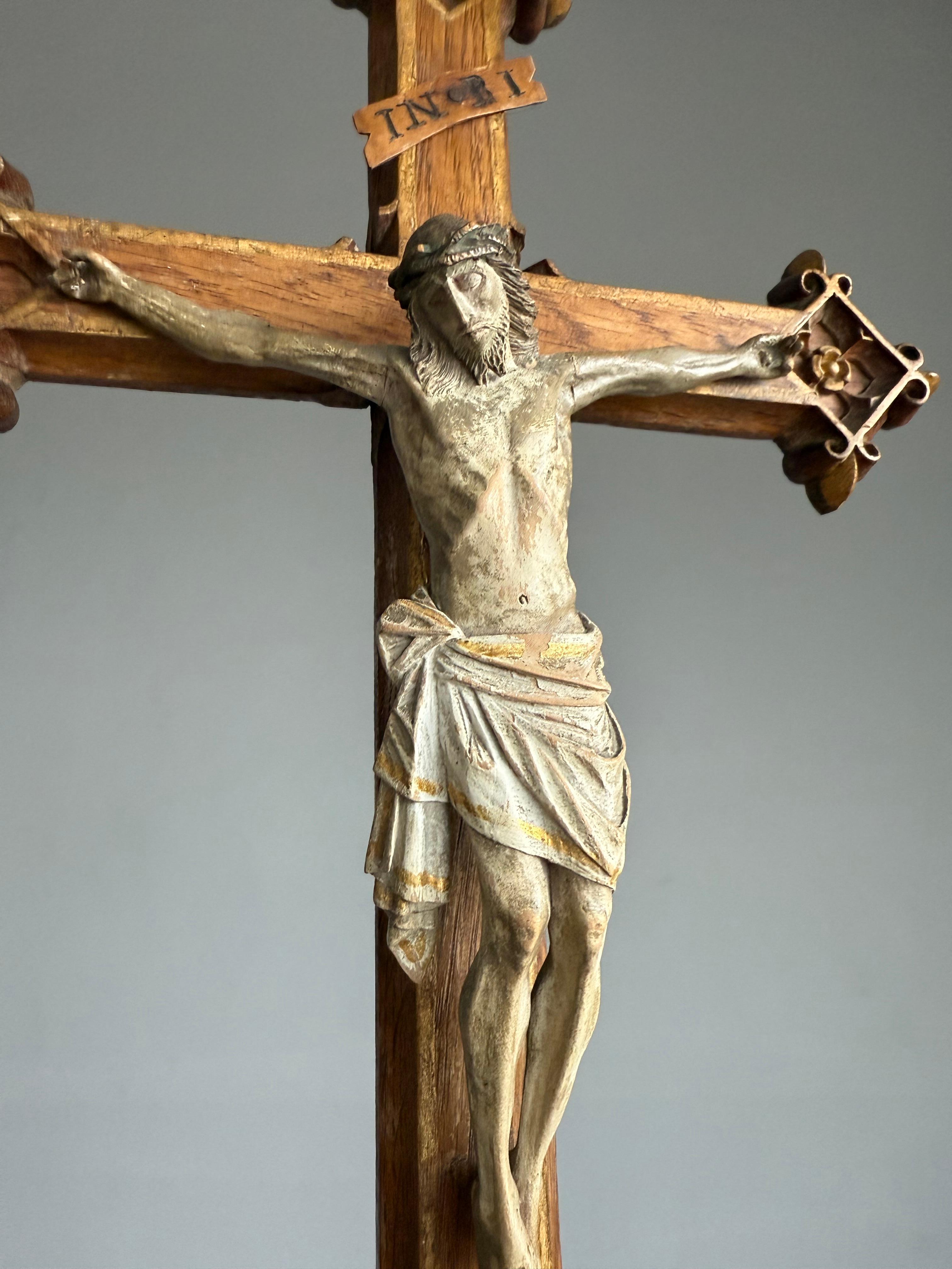 Late 19th Century Antique Gothic Hand-Carved Crucifix w. Polychrome Corpus, European Church Relic For Sale