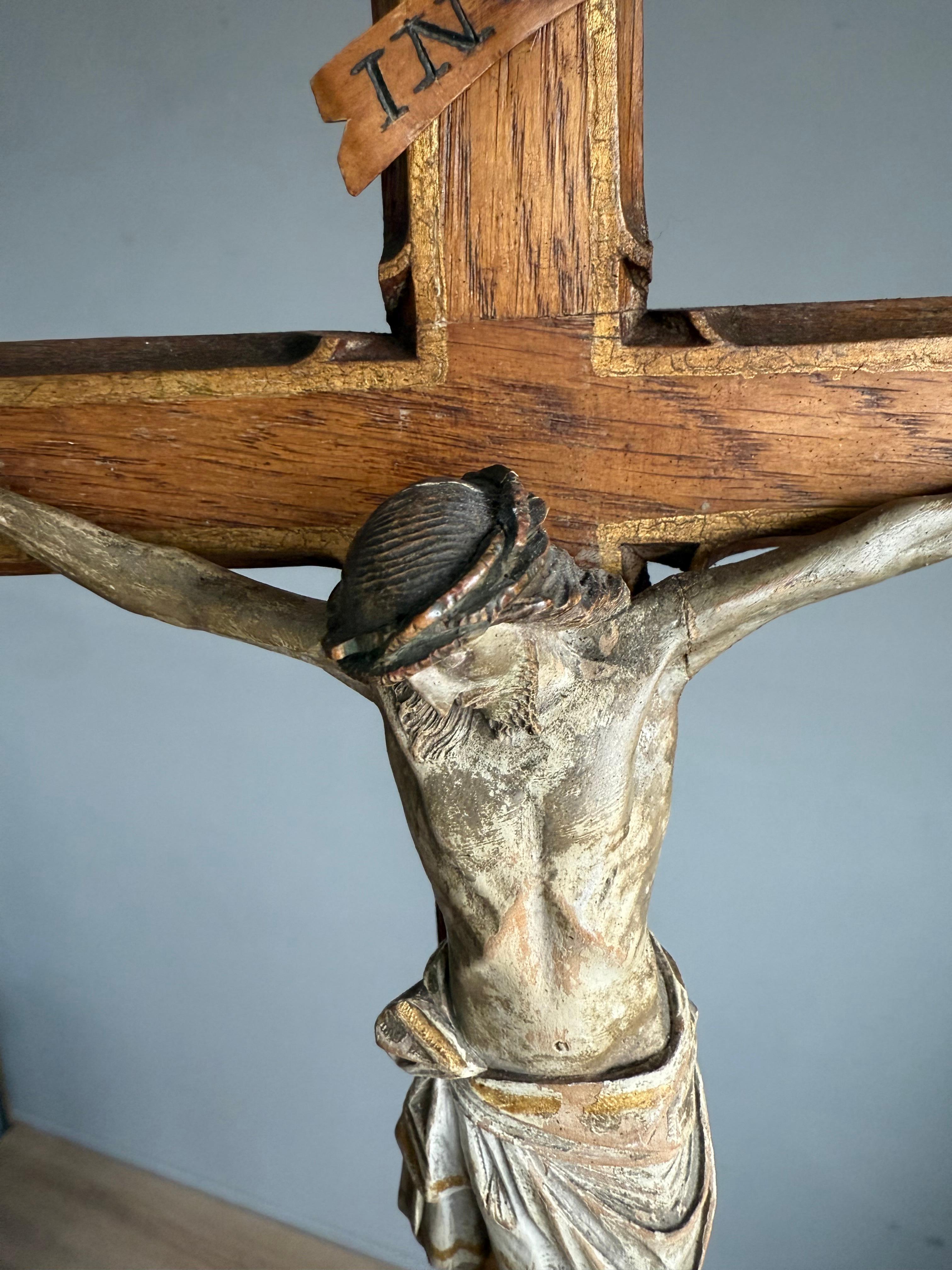 Wood Antique Gothic Hand-Carved Crucifix w. Polychrome Corpus, European Church Relic For Sale