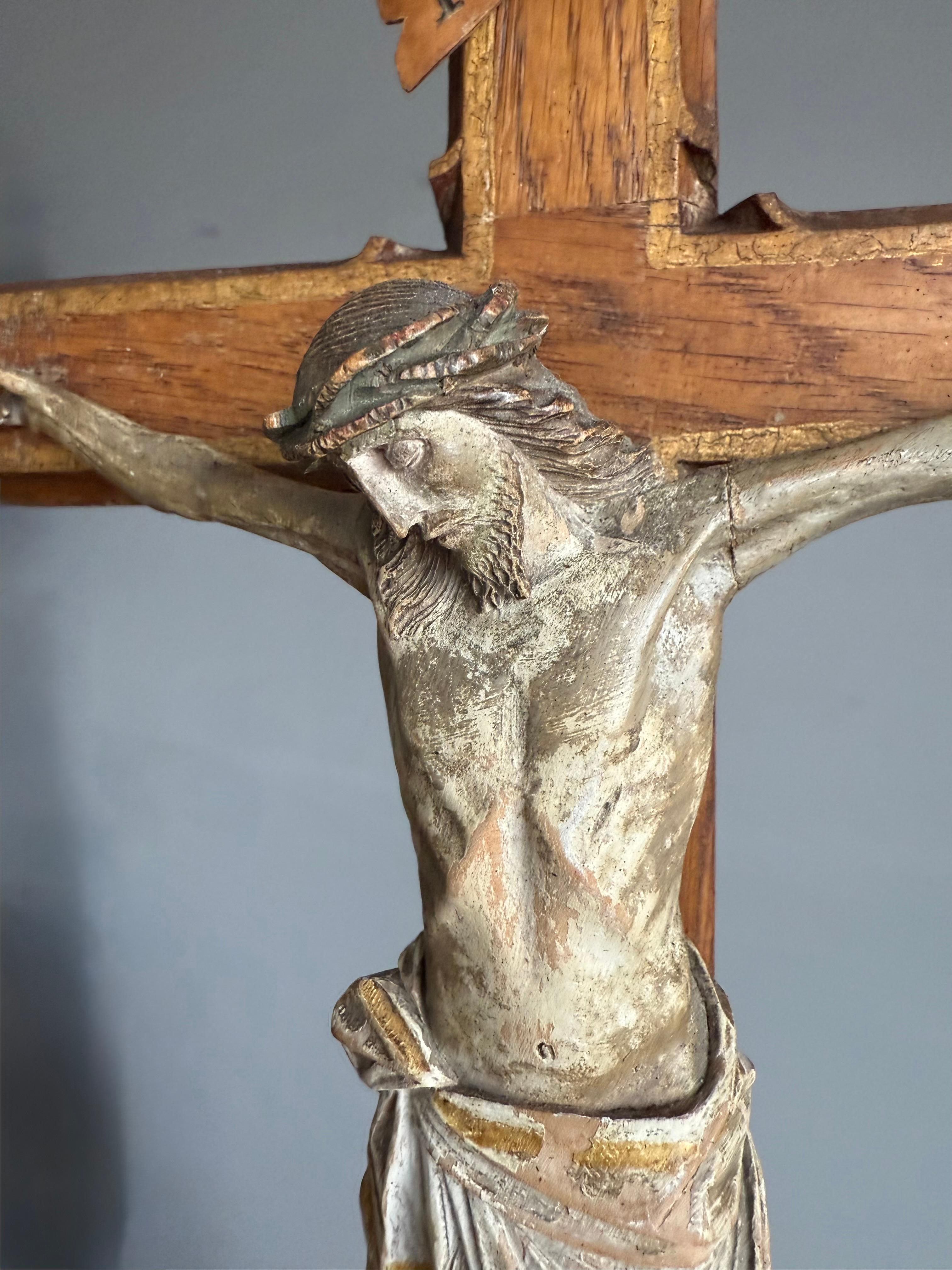 Antique Gothic Hand-Carved Crucifix w. Polychrome Corpus, European Church Relic For Sale 1