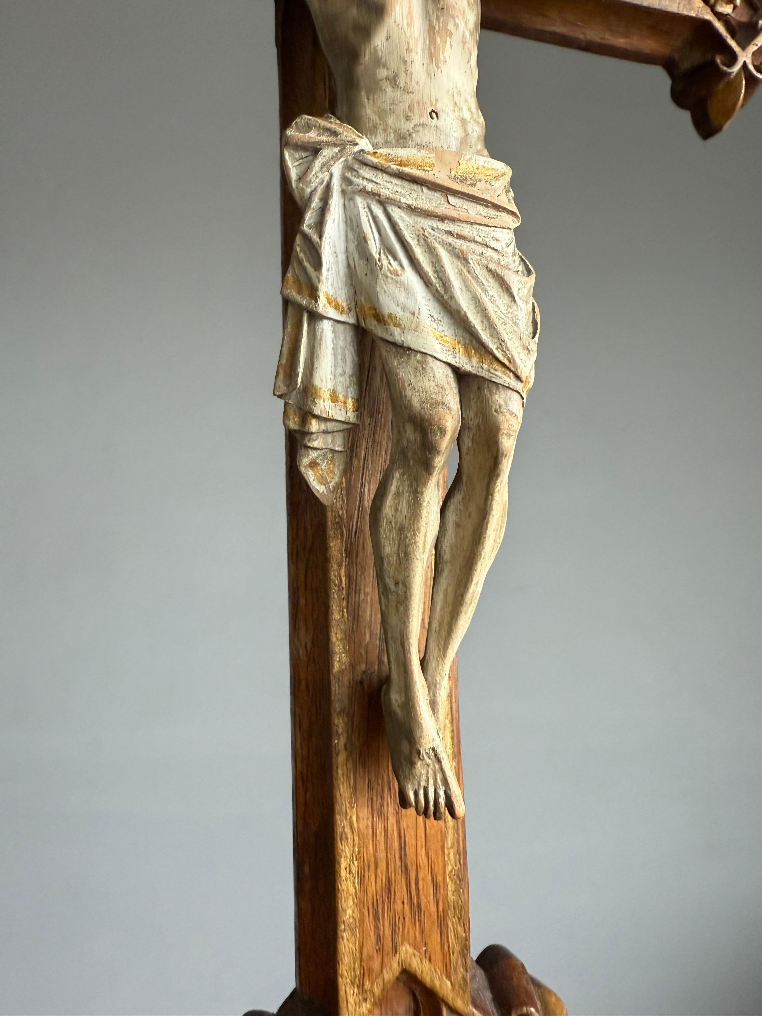 Antique Gothic Hand-Carved Crucifix w. Polychrome Corpus, European Church Relic For Sale 2