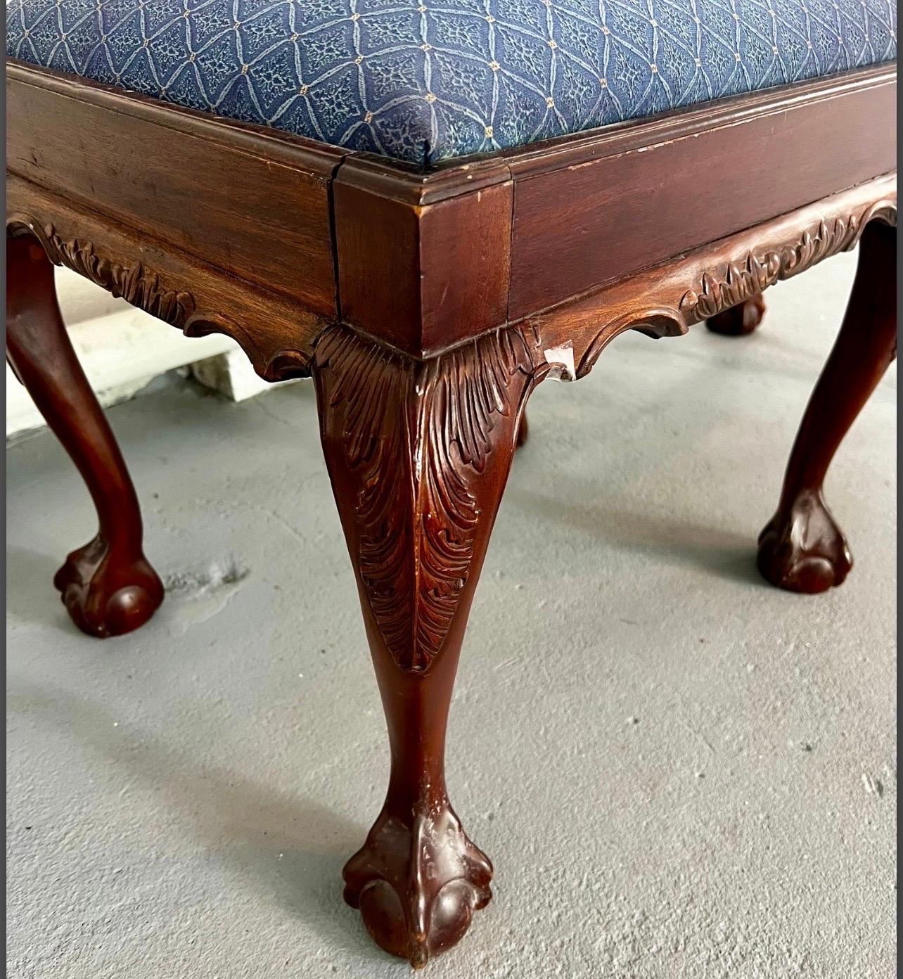 Late 19th Century ball and claw Gothic carved mahogany bench with upholstered top.  The upholstery needs to be replaced, a simple job, and the mahogany base is rare and exquisite.  Think of the possibilities with your own fabric!