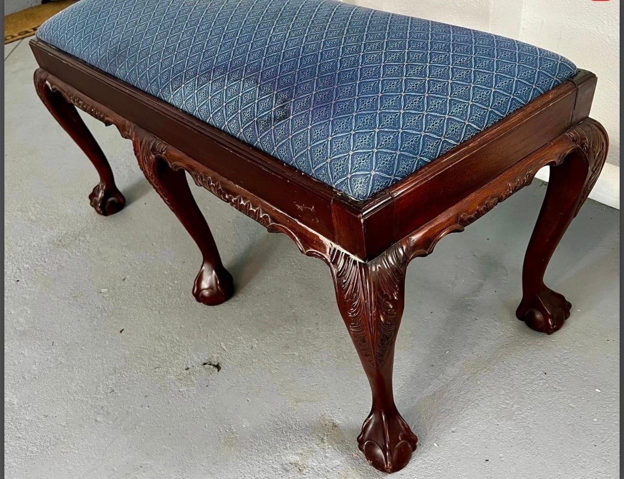 English Antique Gothic Heavily Carved Mahogany Duet Bench Ball & Claw Feet