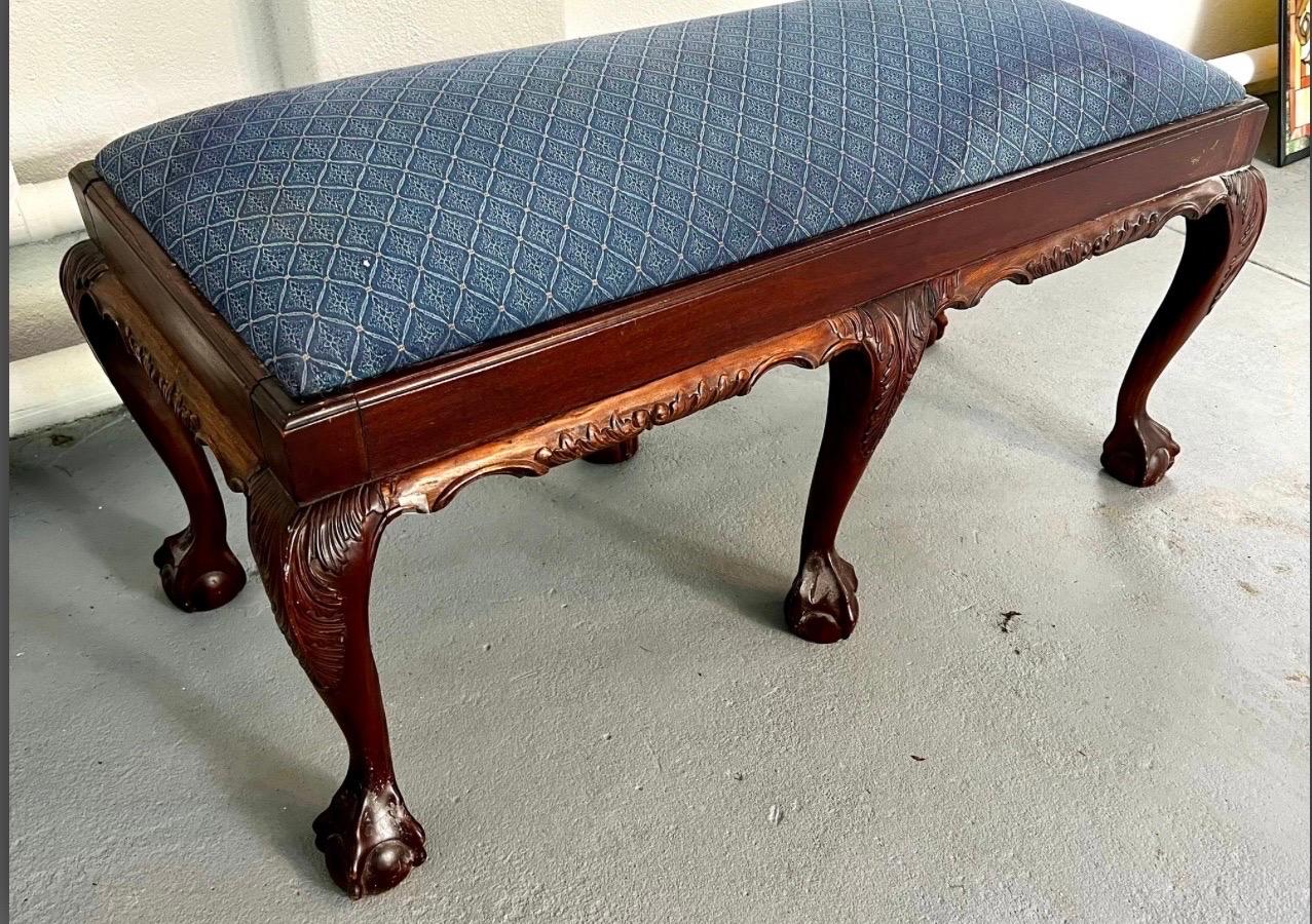 Fabric Antique Gothic Heavily Carved Mahogany Duet Bench Ball & Claw Feet
