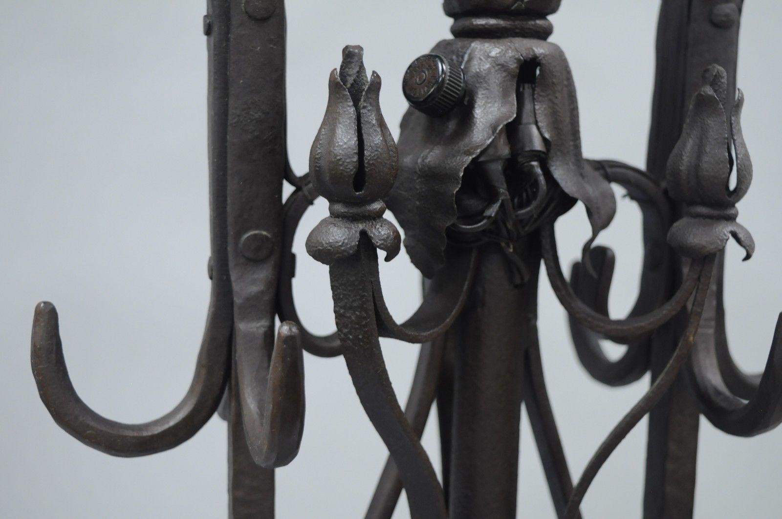 20th Century Antique Gothic Iron Candelabra Standing Floor Lamp Coat Hook Hanger