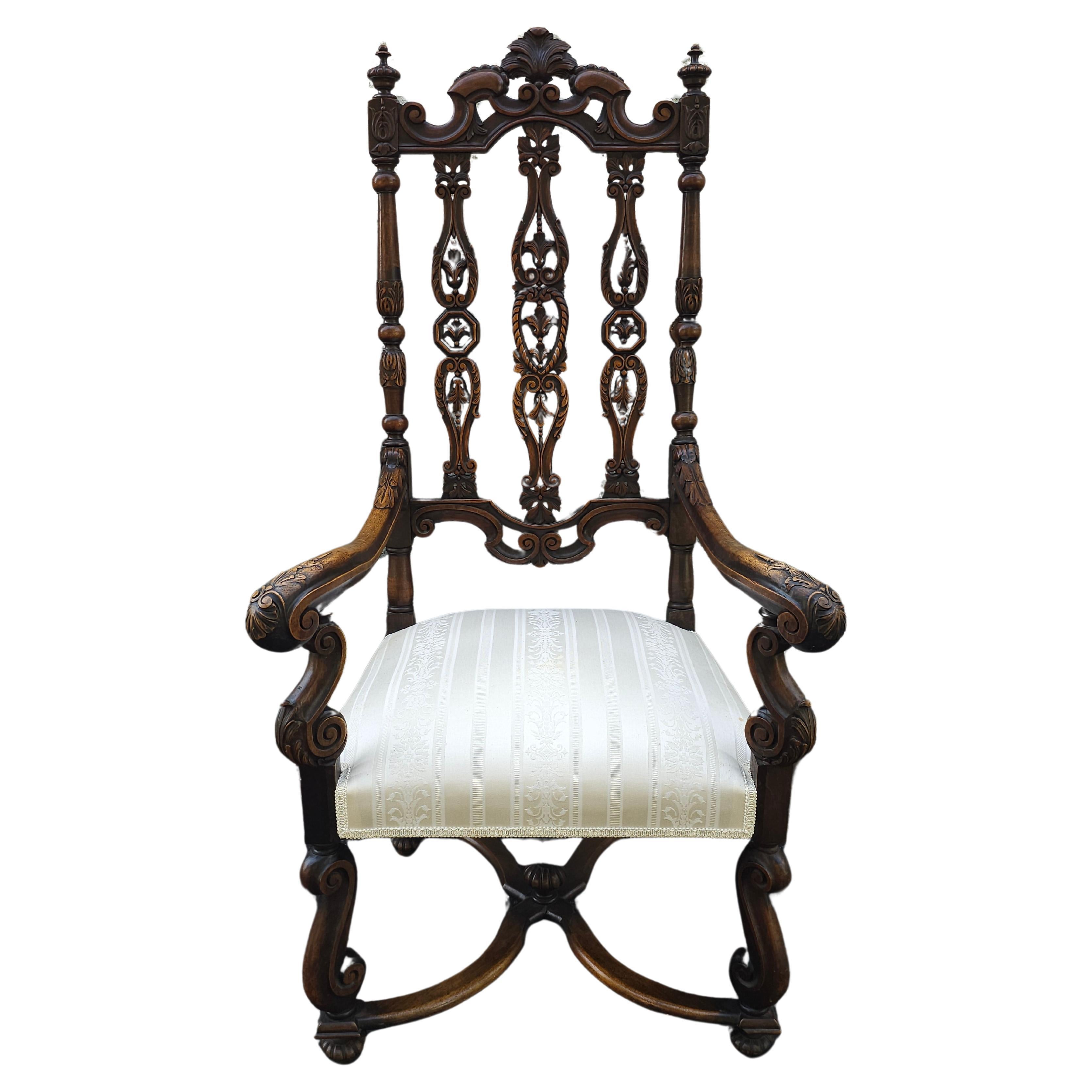 Antique Gothic Jacobean Style Carved Ornate Walnut Throne Accent Chair