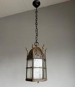 Antique Gothic Medieval Wrought Iron & Cathedral Glass, Porch or Hallway Lantern