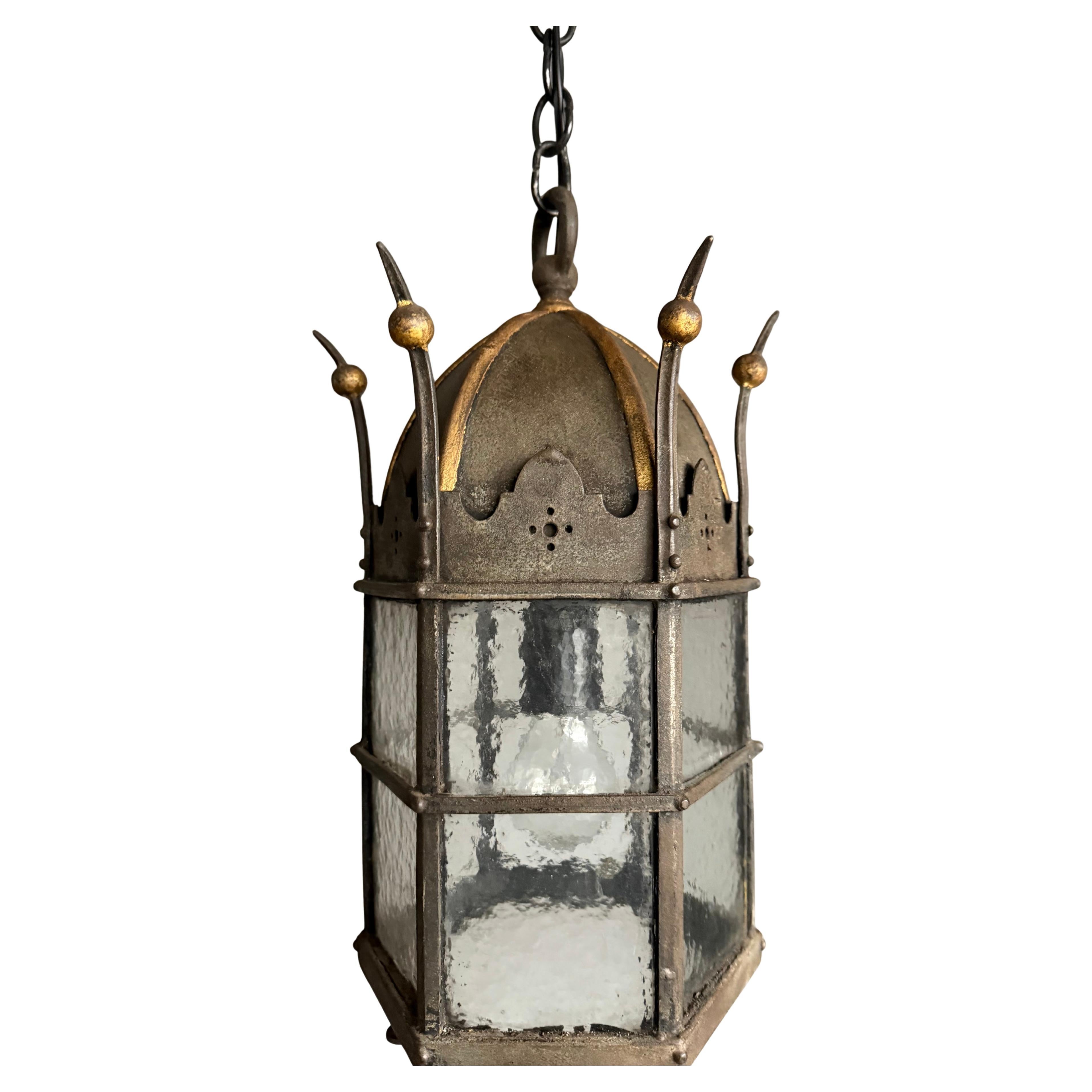 Antique Gothic Medieval Wrought Iron 
Cathedral Glass, Porch or Hallway Lantern