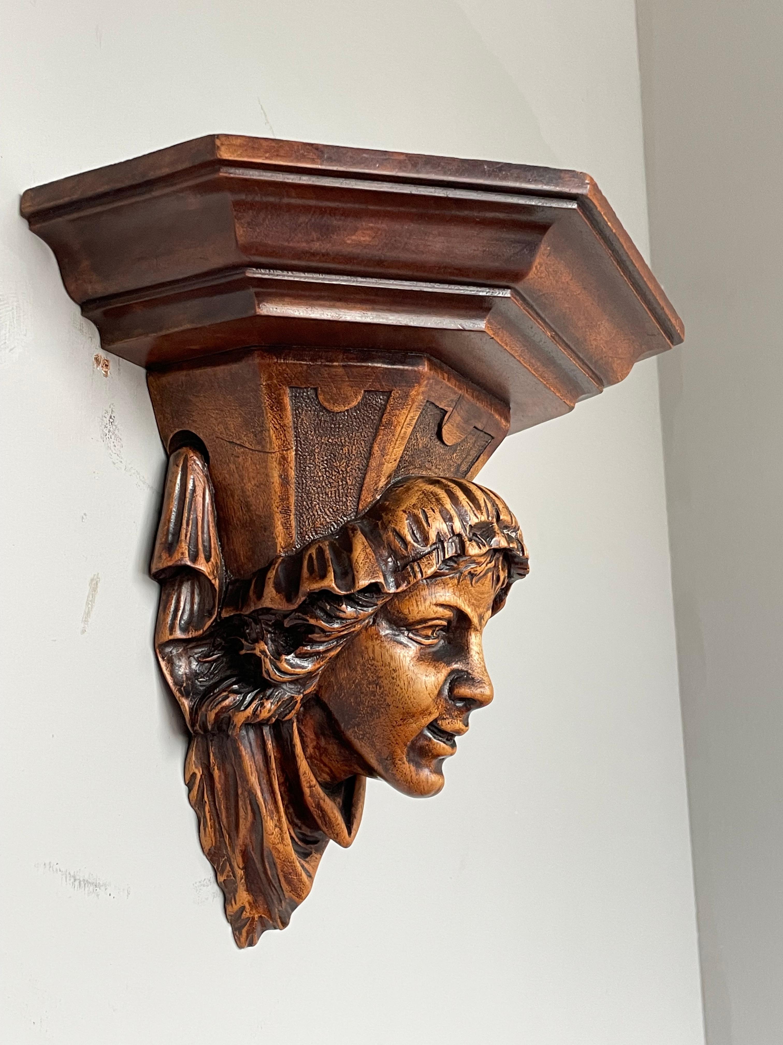 Antique Gothic Nutwood Wall Bracket with Museum Quality Carved Servant Sculpture For Sale 3