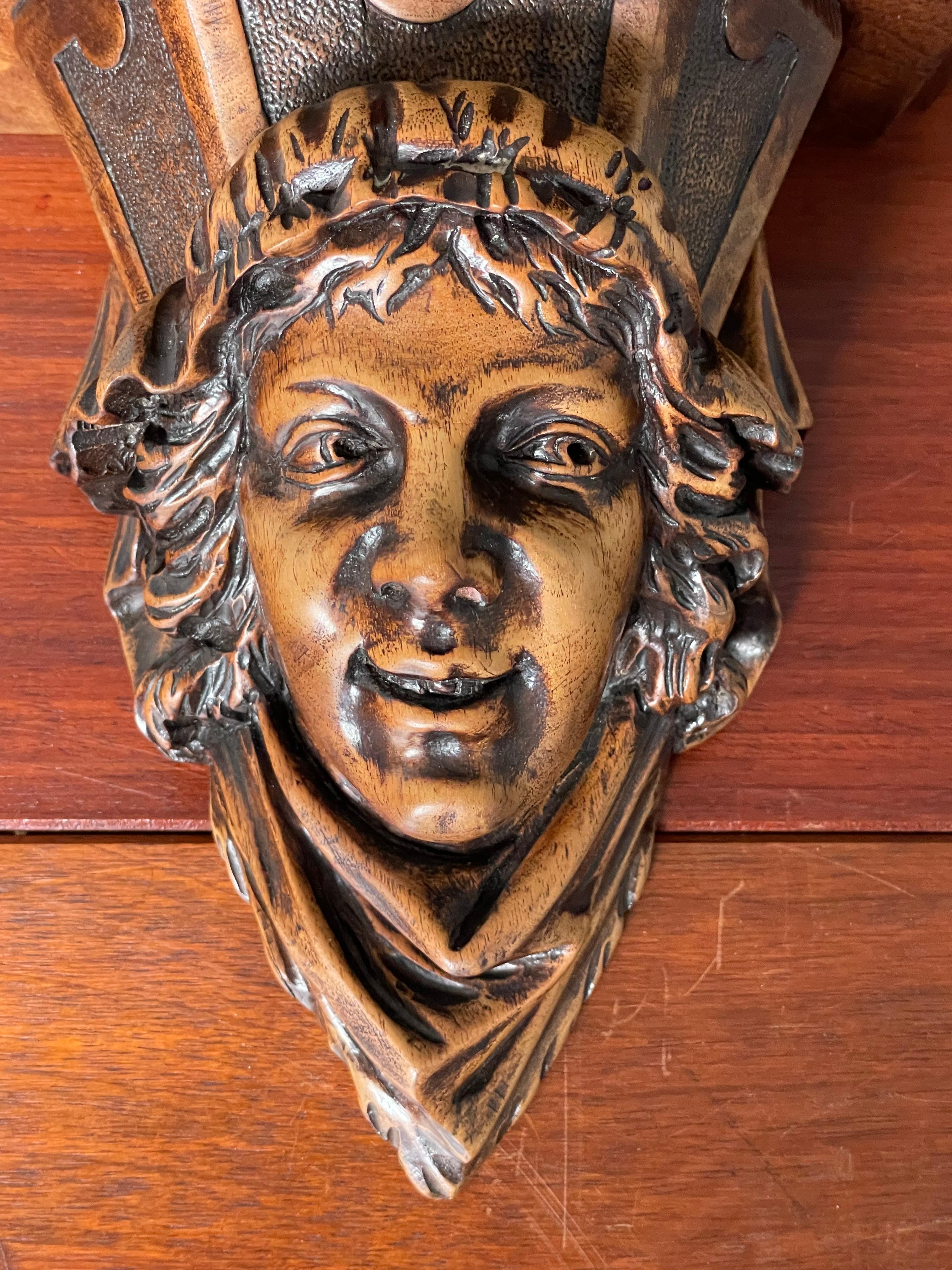 Antique Gothic Nutwood Wall Bracket with Museum Quality Carved Servant Sculpture For Sale 6