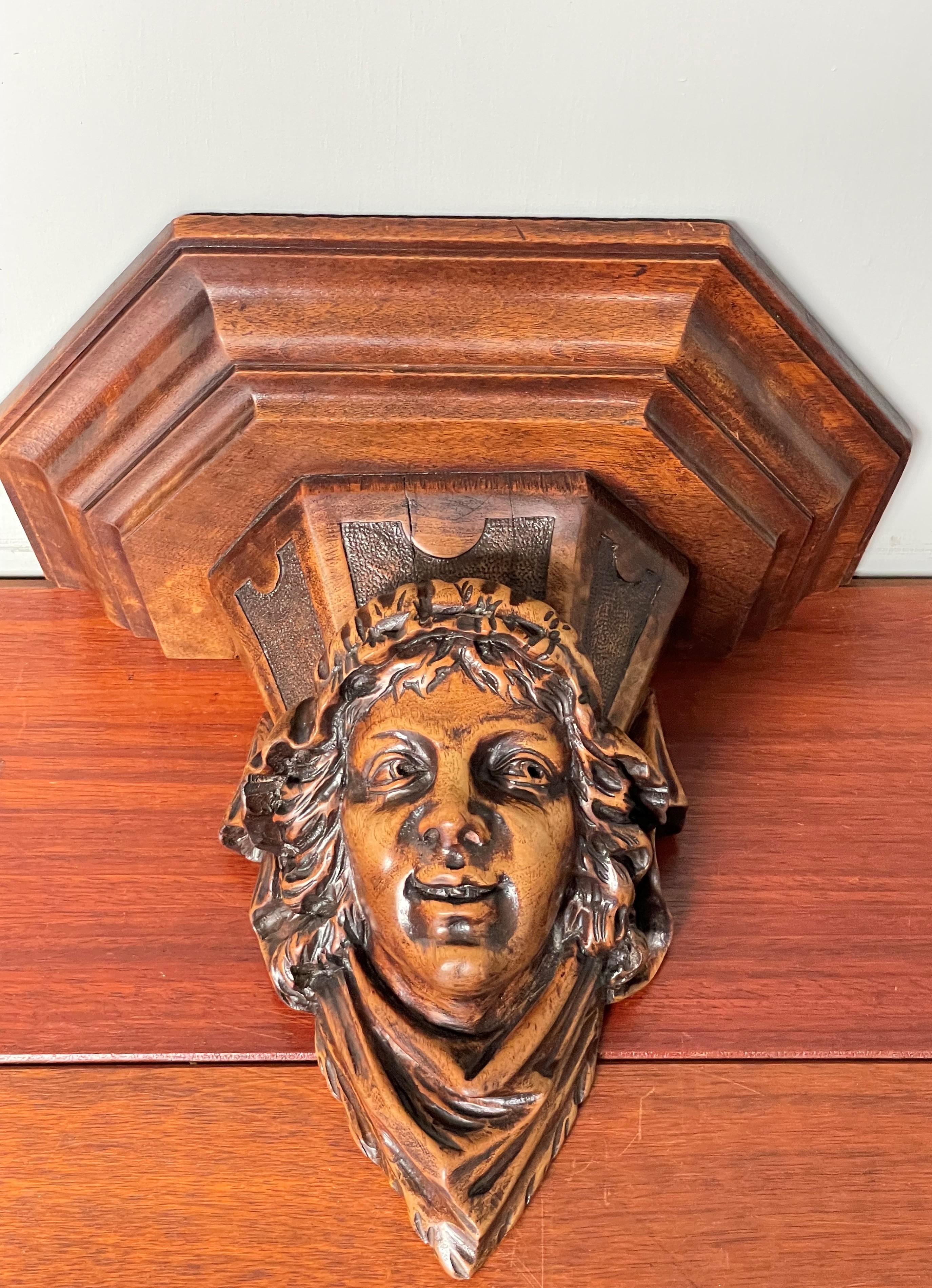 Antique Gothic Nutwood Wall Bracket with Museum Quality Carved Servant Sculpture For Sale 5