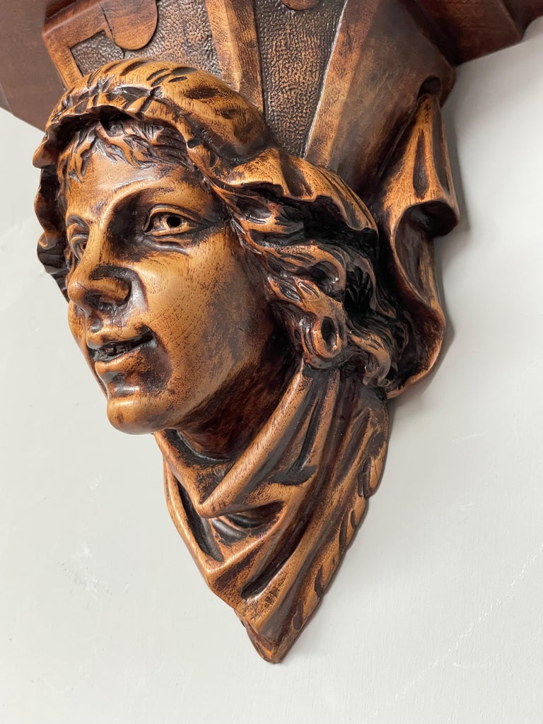 Antique Gothic Nutwood Wall Bracket with Museum Quality Carved Servant ...