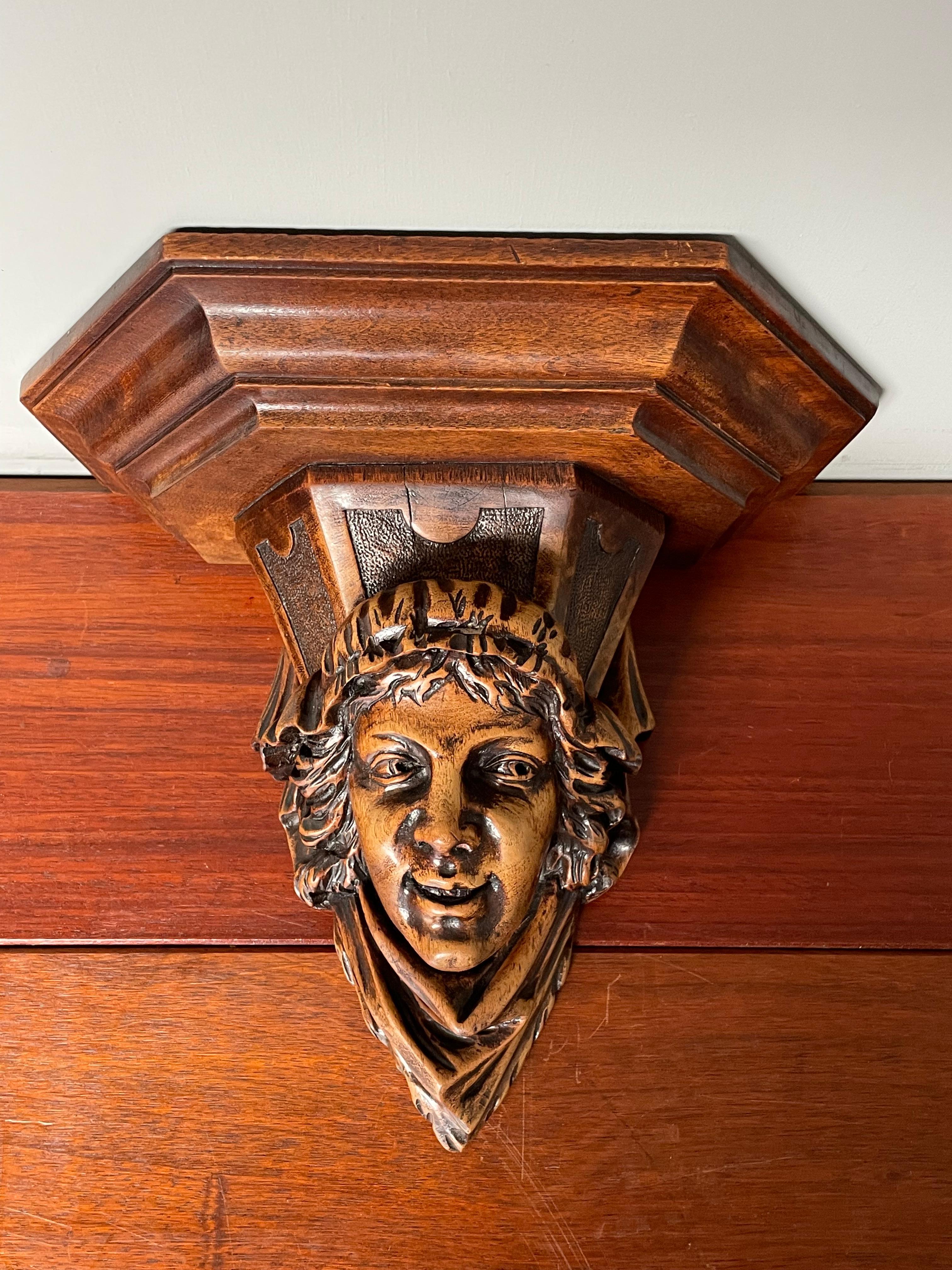 Cast Antique Gothic Nutwood Wall Bracket with Museum Quality Carved Servant Sculpture For Sale